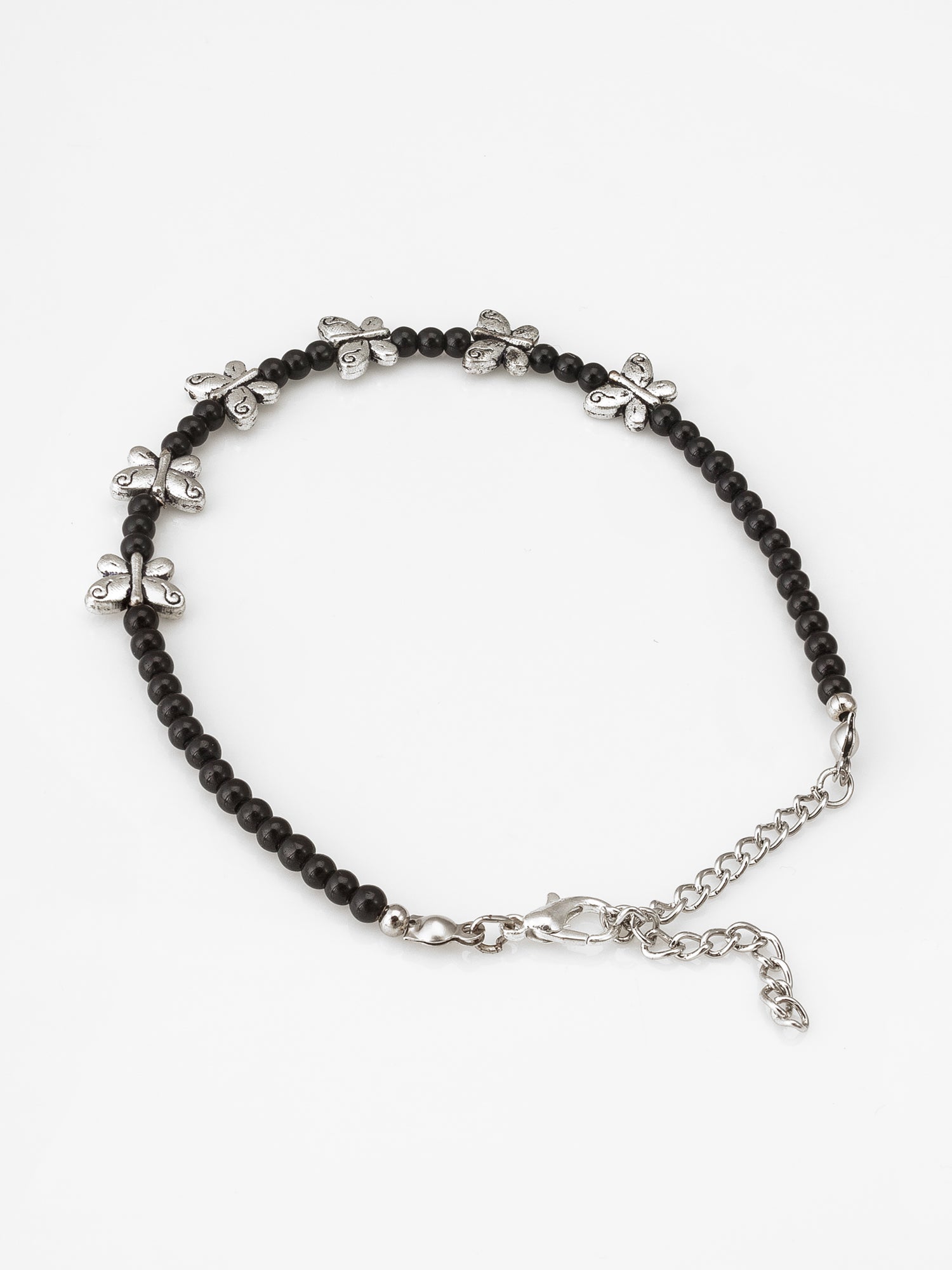 Aadita Oxidized Silver Butterfly Charm Black Beaded Anklets