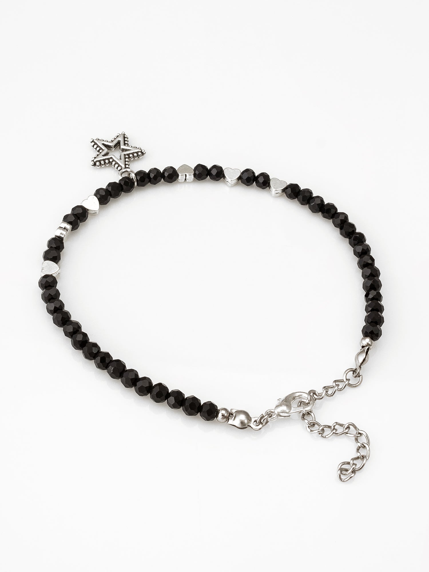 Aadita Oxidized Silver Star and Heart Charm Black Beaded Anklets