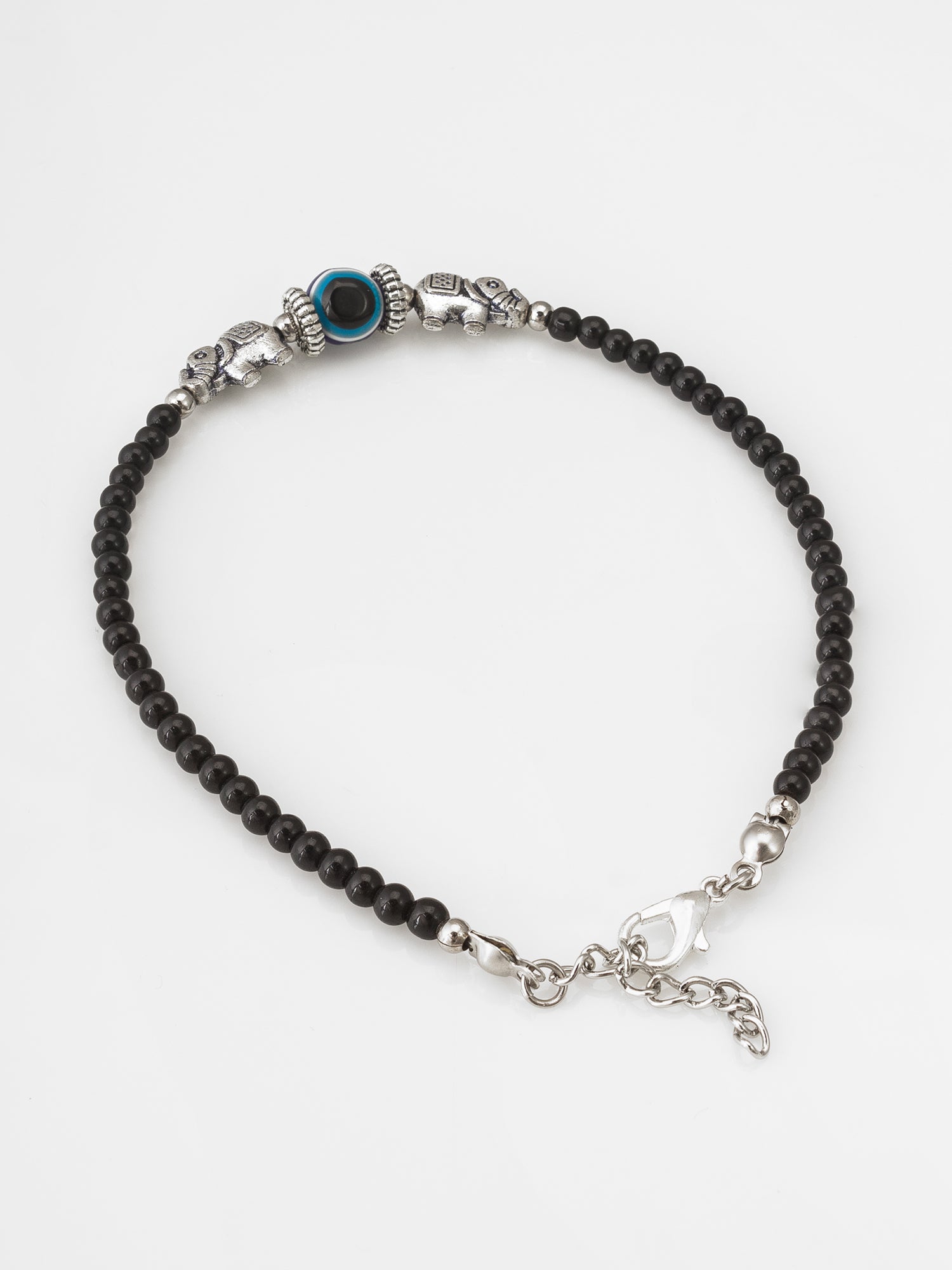 Aadita Oxidized Silver Elephant Evil Eye Single Black Bead Anklet