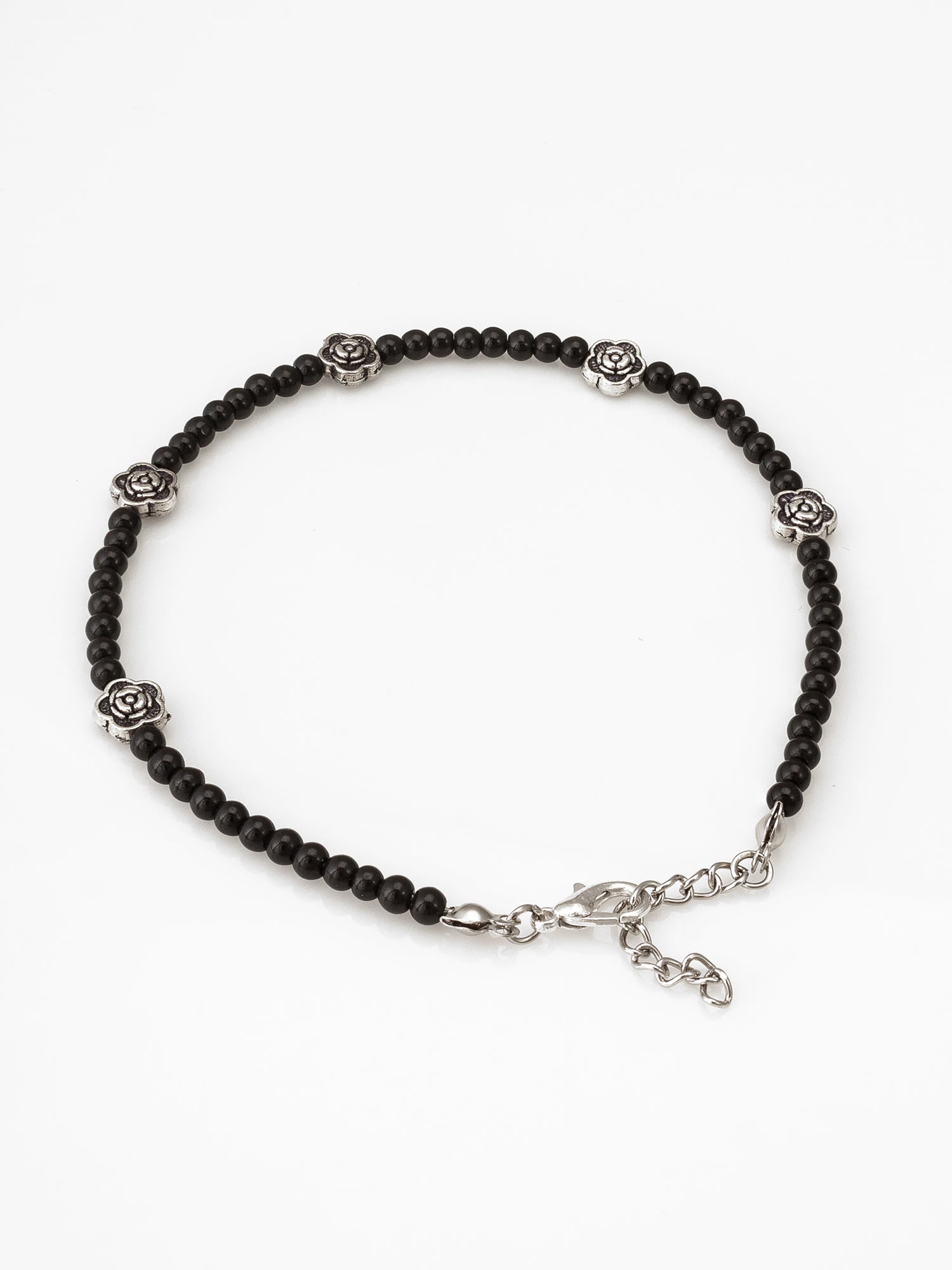 Aadita Oxidized Silver Floral Charm Single Black Beaded Anklet