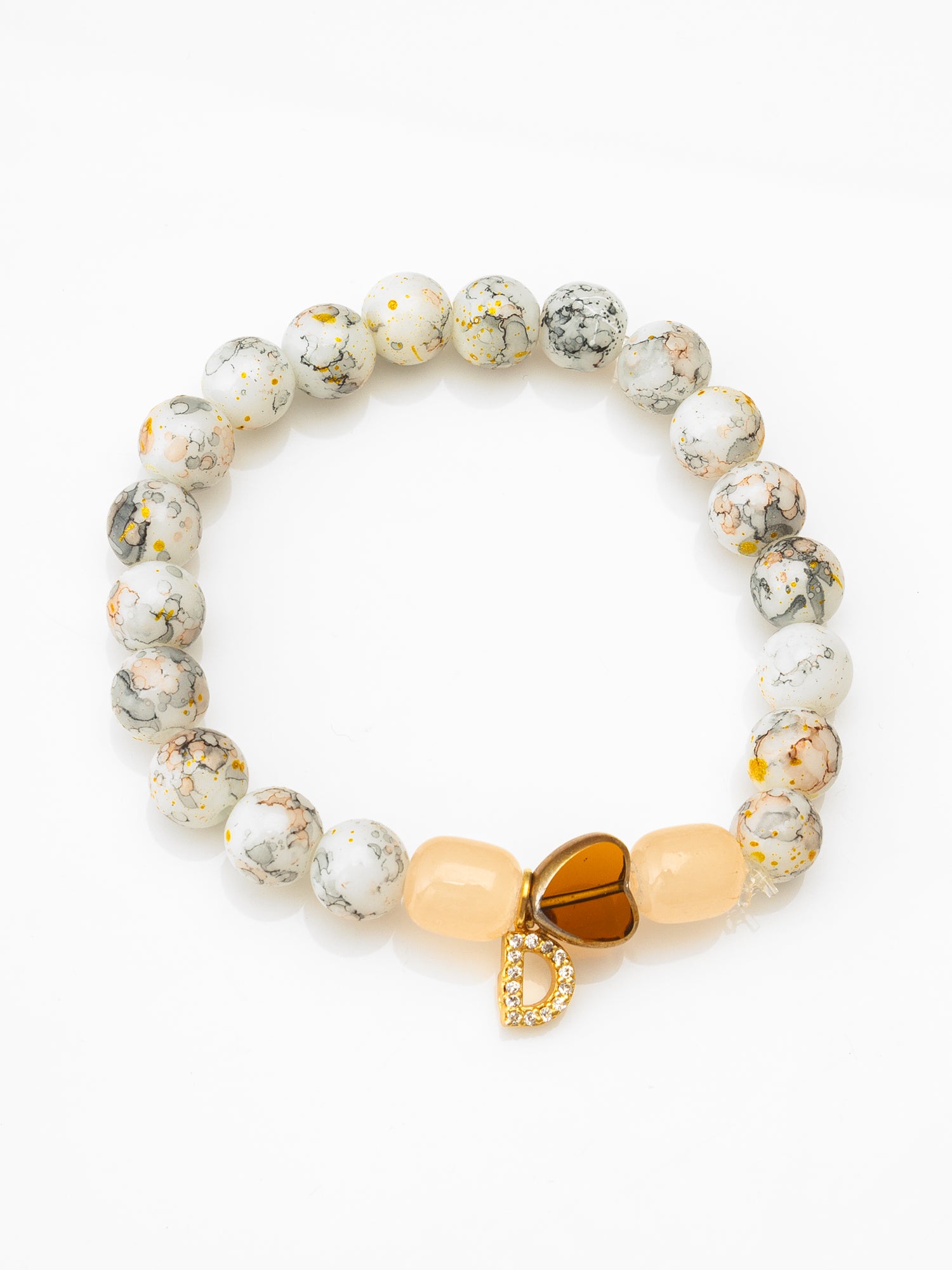 Aadita White Speckled Beaded Stretch Bracelet with Heart and D Charm