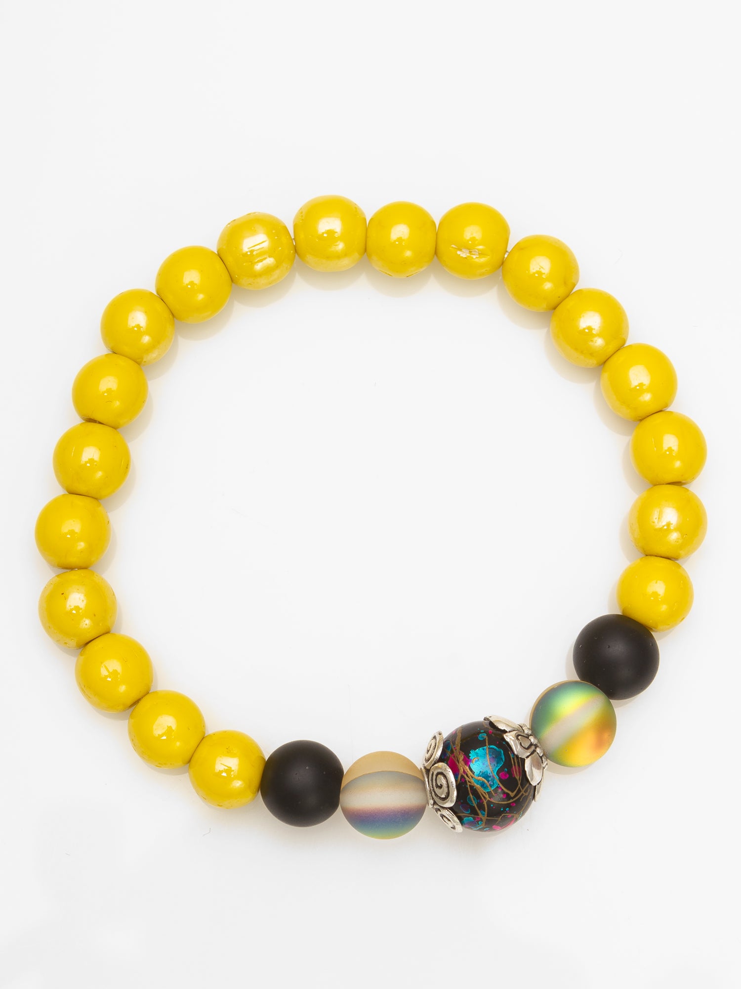 Aadita Vibrant Yellow Beaded Bracelet with Iridescent Center