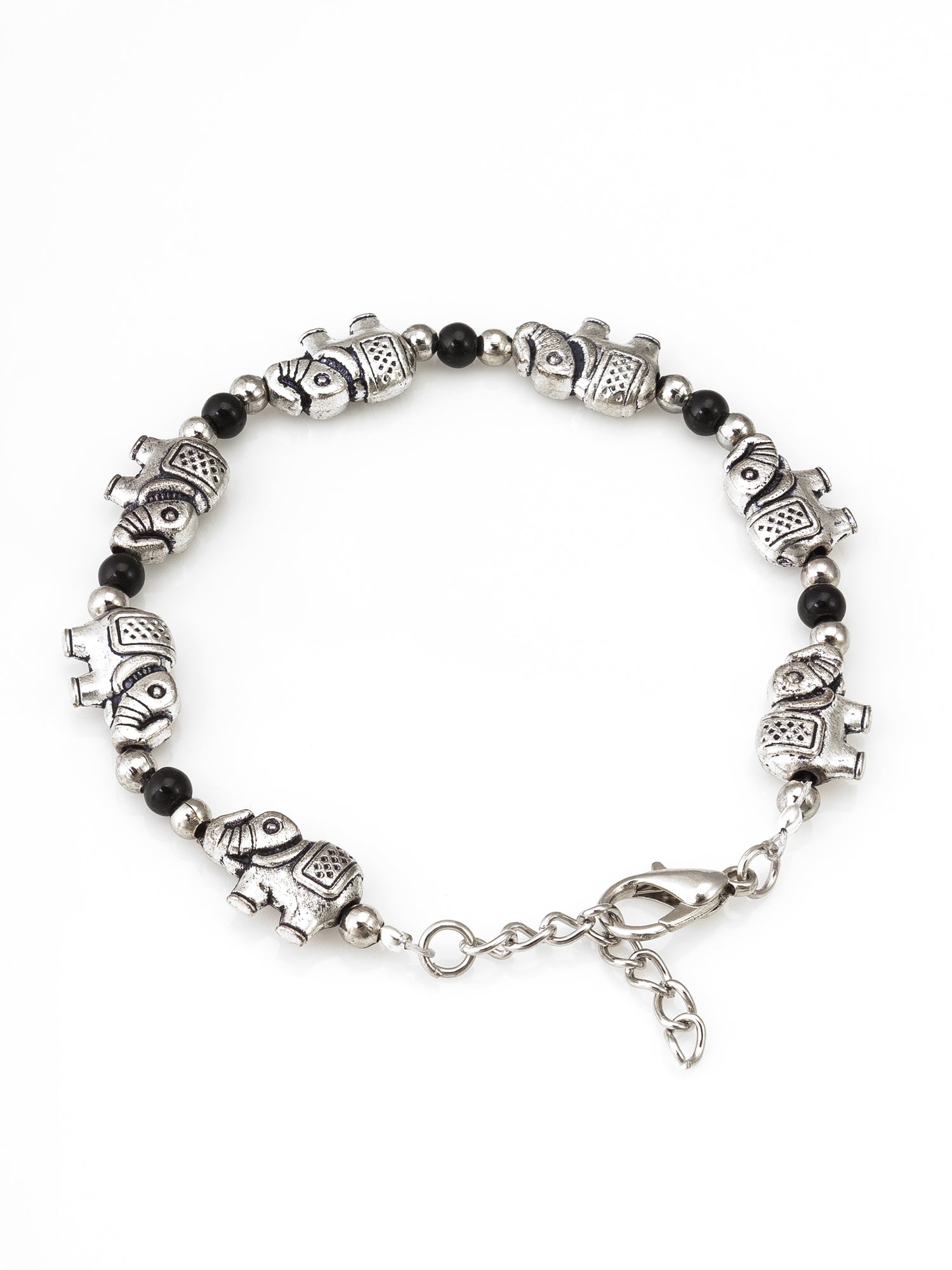 Aadita Silver Tone Elephant Charm Chain Bracelet with Black Beads