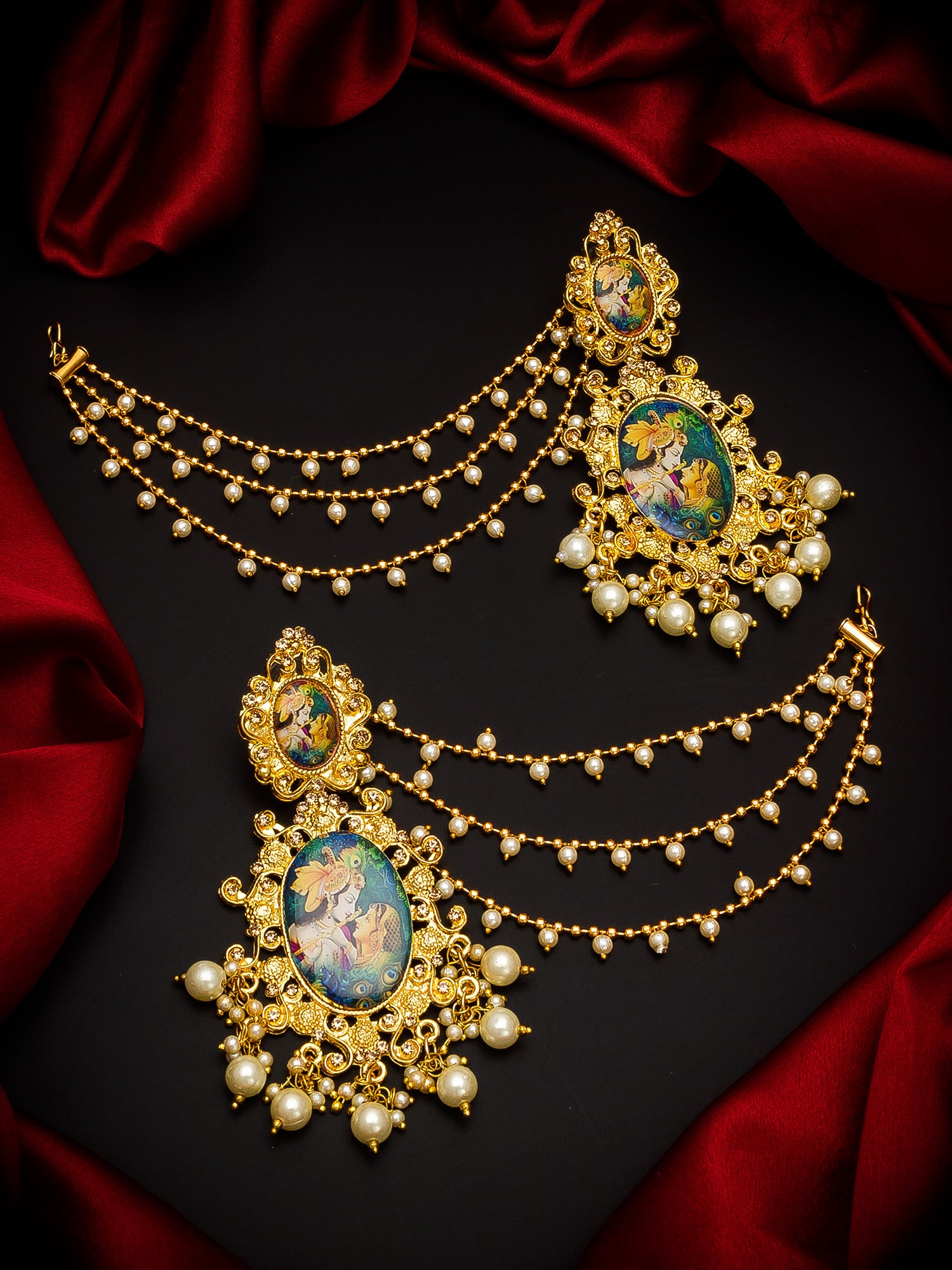 Aadita Wedding Special Gold Plated Radha Krishna Hand Painted Drop Bahubali Earrings with Ear Chains