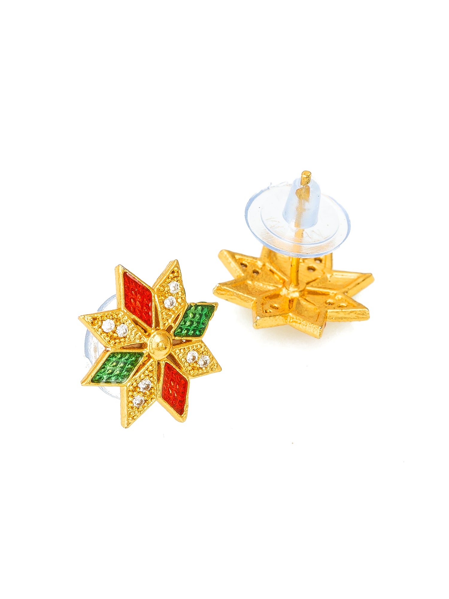Aadita Gold-Plated Red and Green Meenakari Eight-Point Star Stud Earrings with White AD Stones For Festive Wear