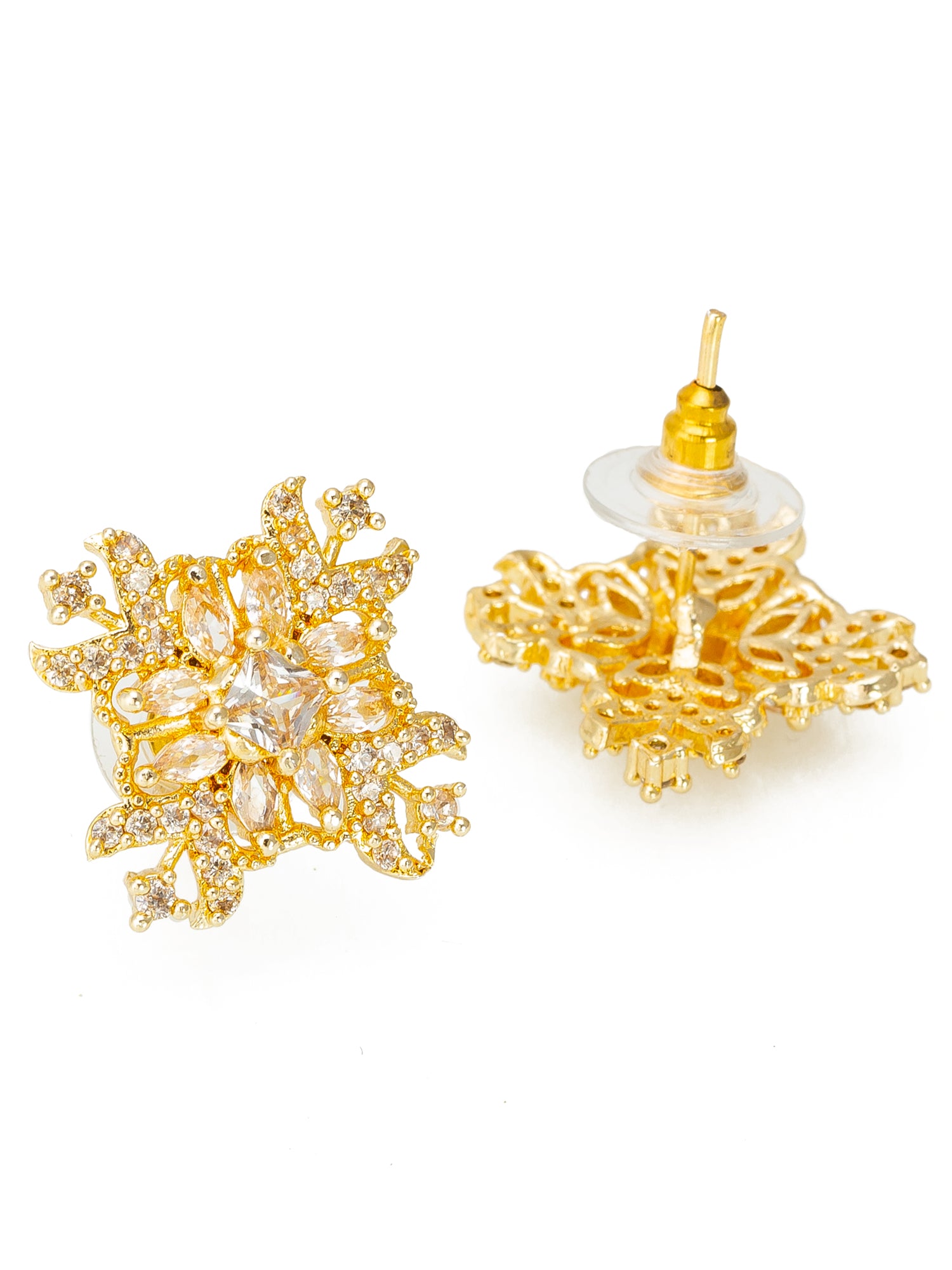Aadita Festive Wear Gold-Plated Champagne and White AD Stone Floral Snowflake Stud Earrings