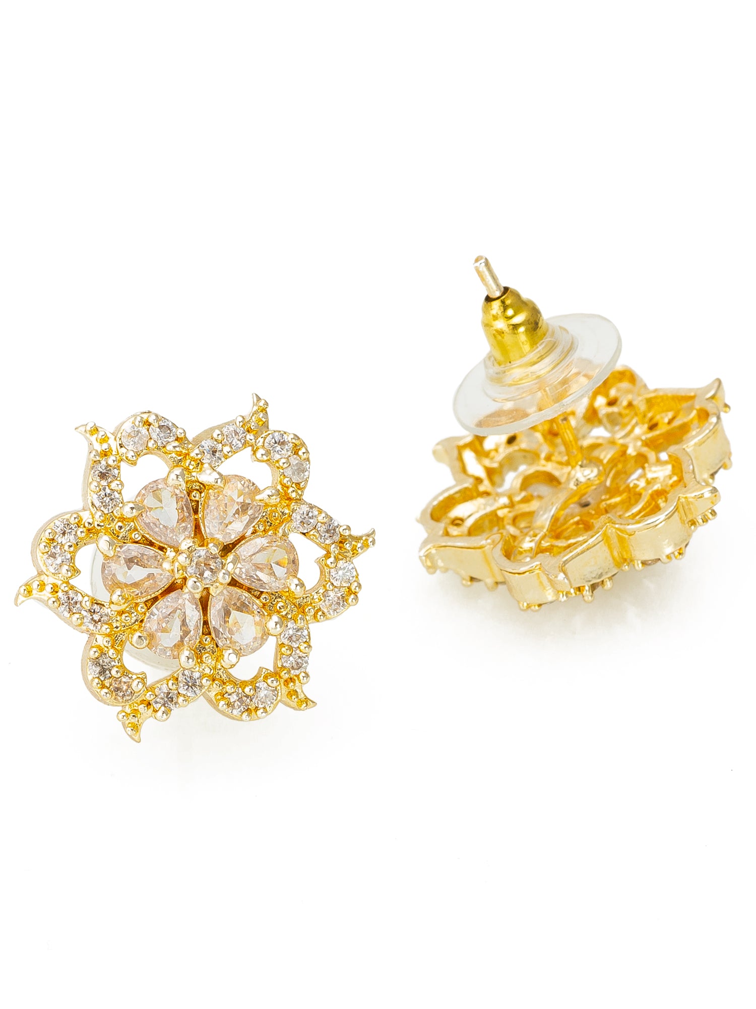 Aadita Gold-Plated Floral AD Stone Stud Earrings with Champagne and White Stone For Celebratory Function