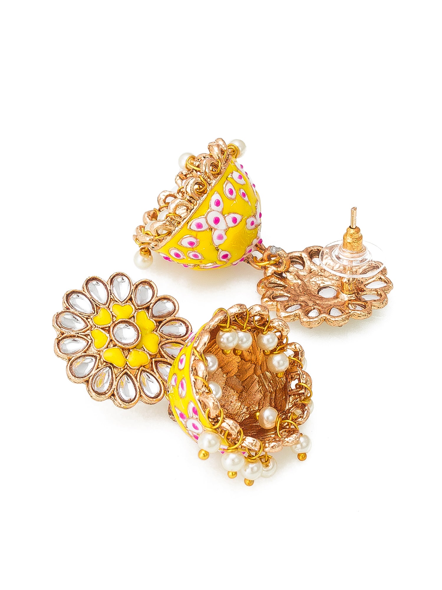 Aadita Meenakari Jhumka Earrings with Kundan Floral Stud and Pearl Drops