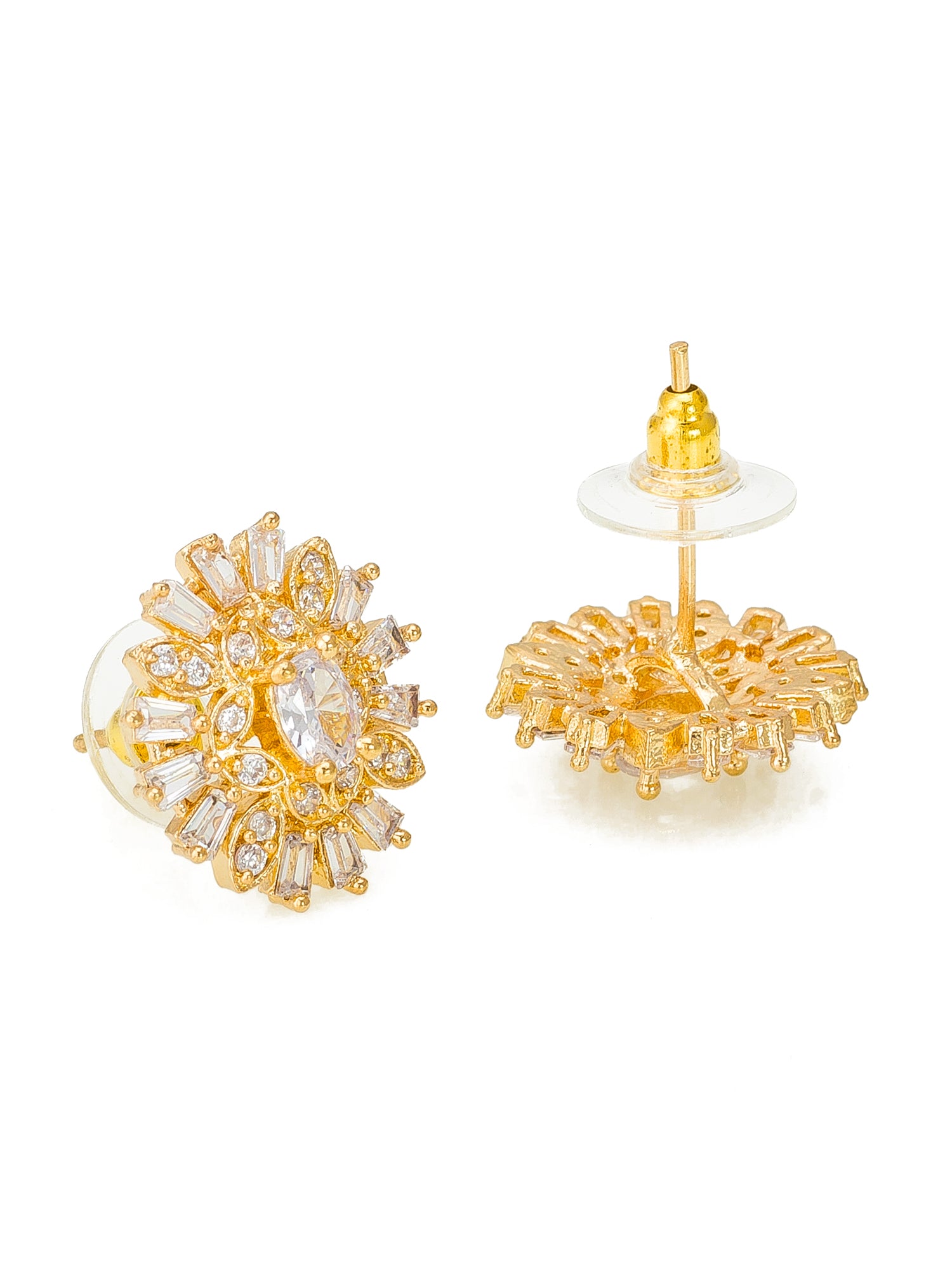 Aadita Gold-Plated White AD Stone Baguette and Marquise Floral Cluster Stud Earrings For Party Wear
