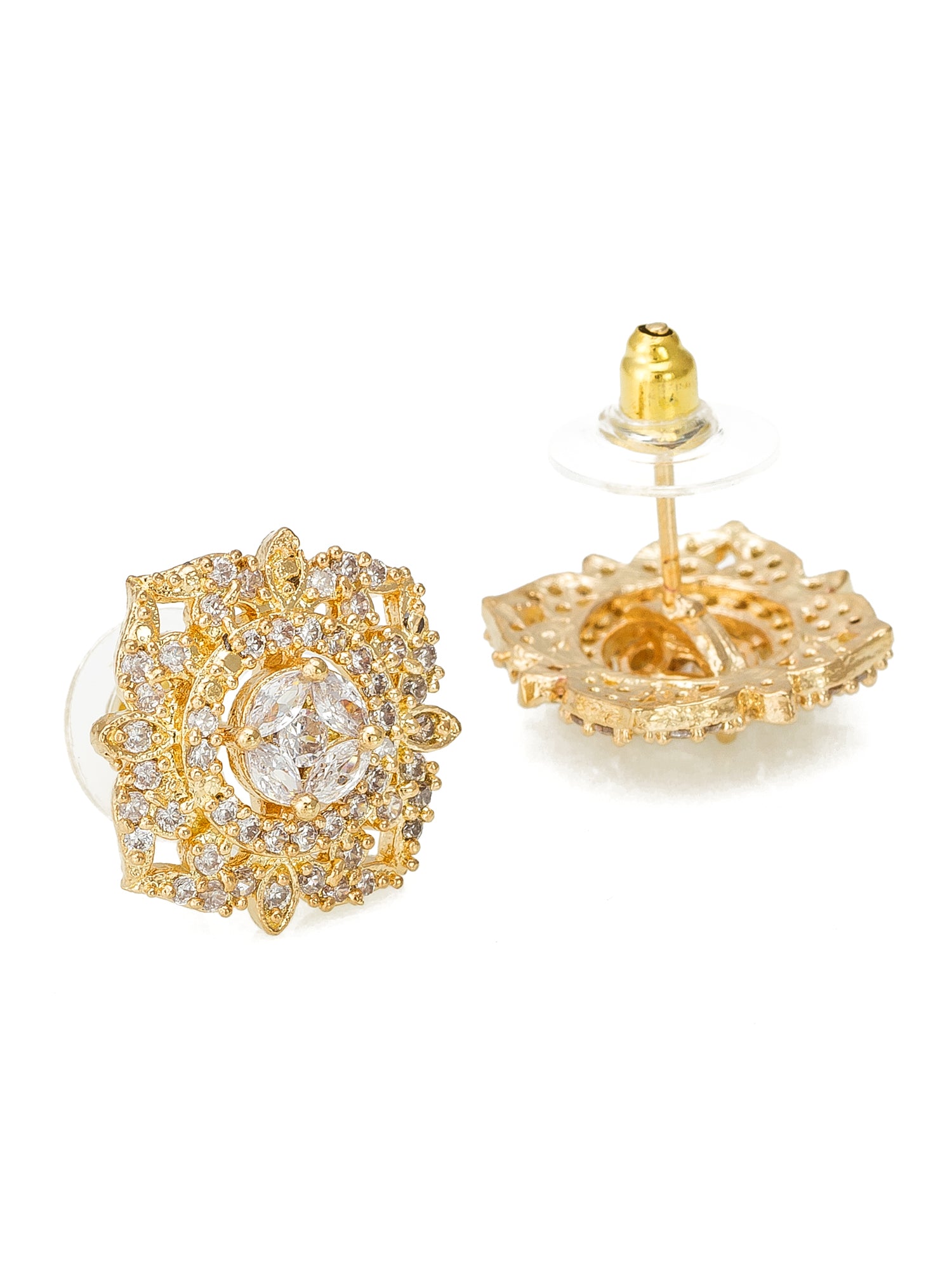 Aadita Formal Wear Gold-Plated Floral AD Stone Stud Earrings with Marquise Centre and White Stone