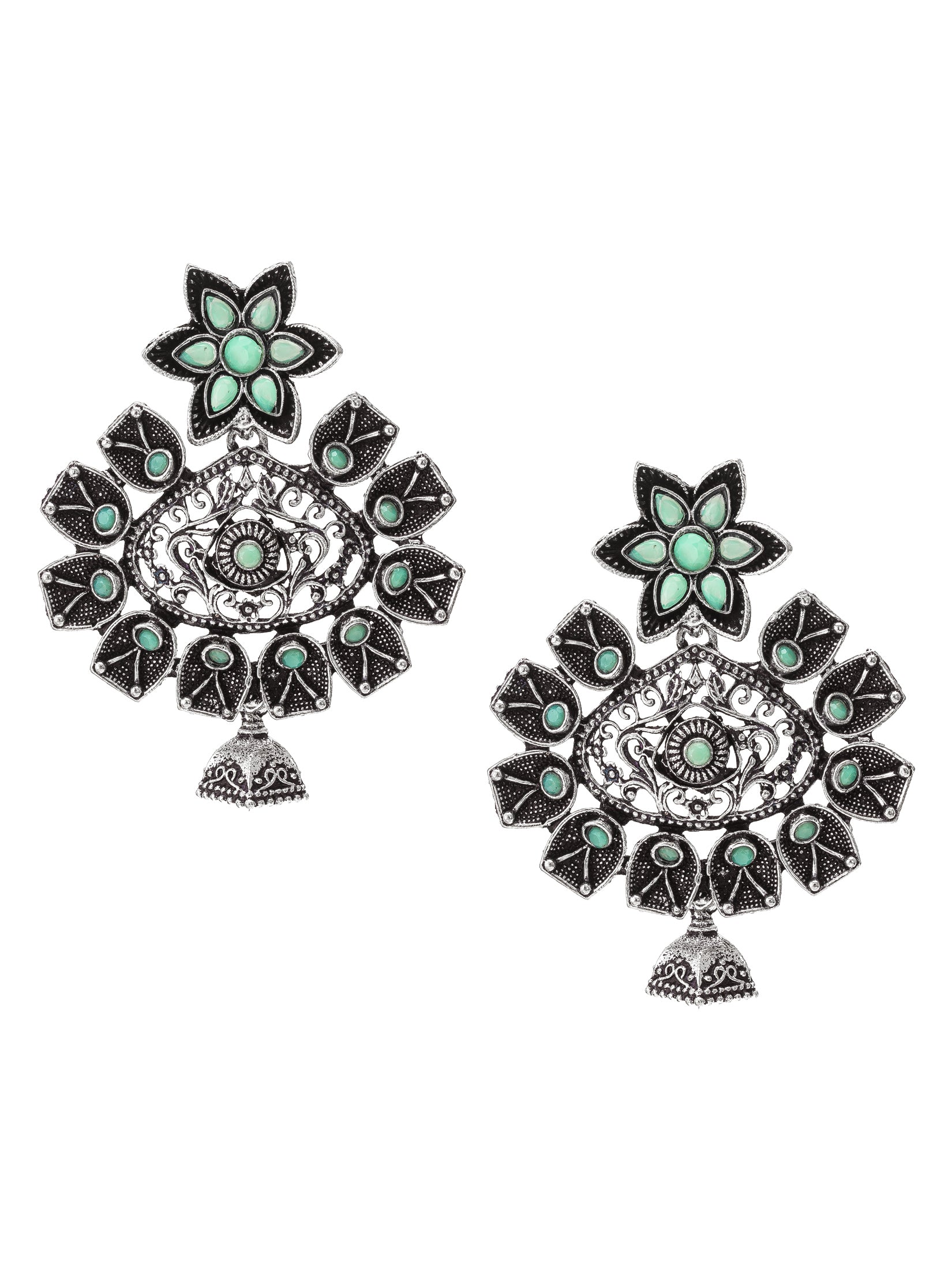 Aadita Oxidized Silver Turquoise Green Stone Floral Chandelier Earrings with Jhumka Drop For Special Navratri Wear