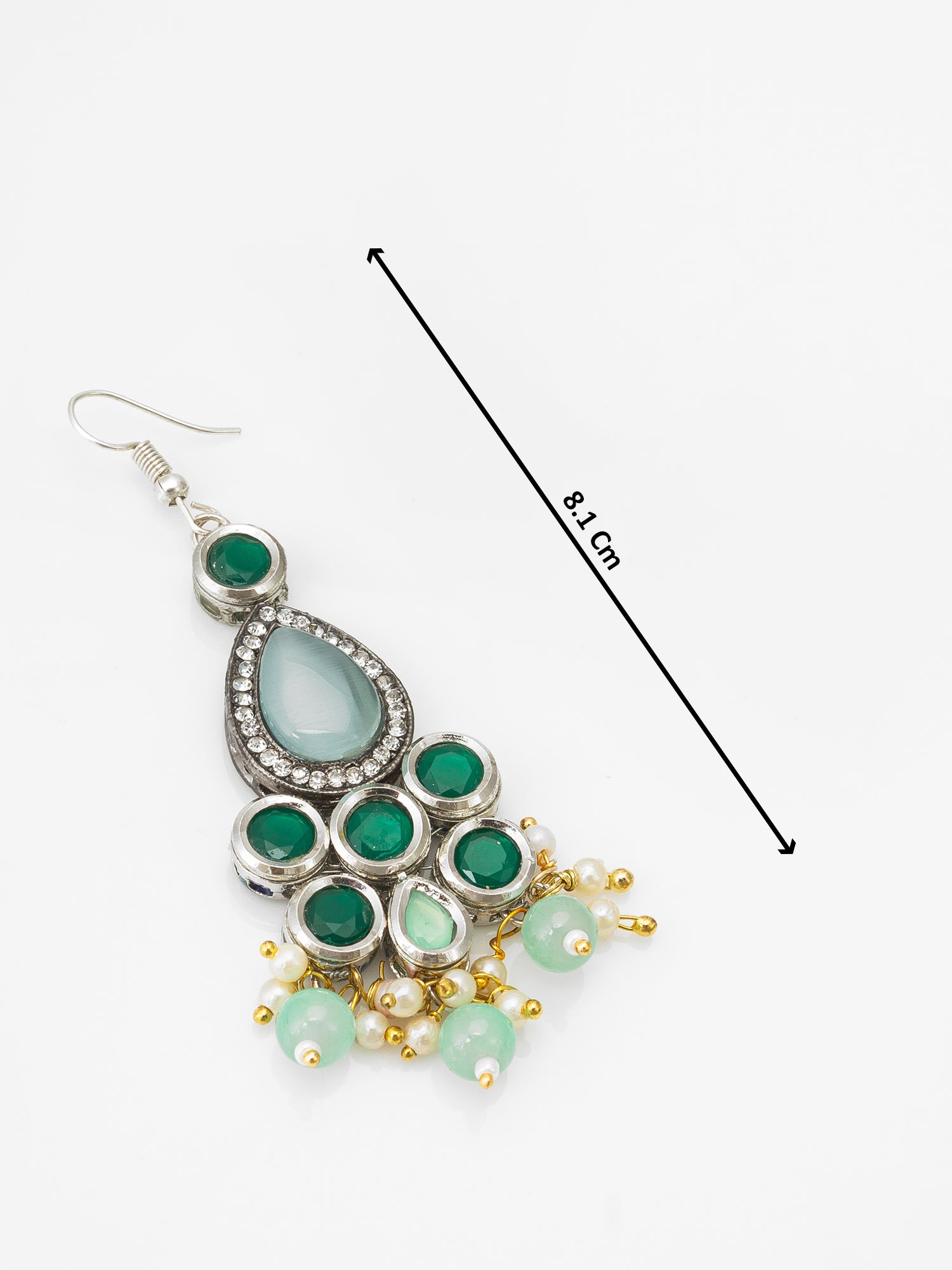 Aadita Party Wear Silver-Toned Green Stone Drop Earrings with Mint Bead and Pearl Tassel Drops