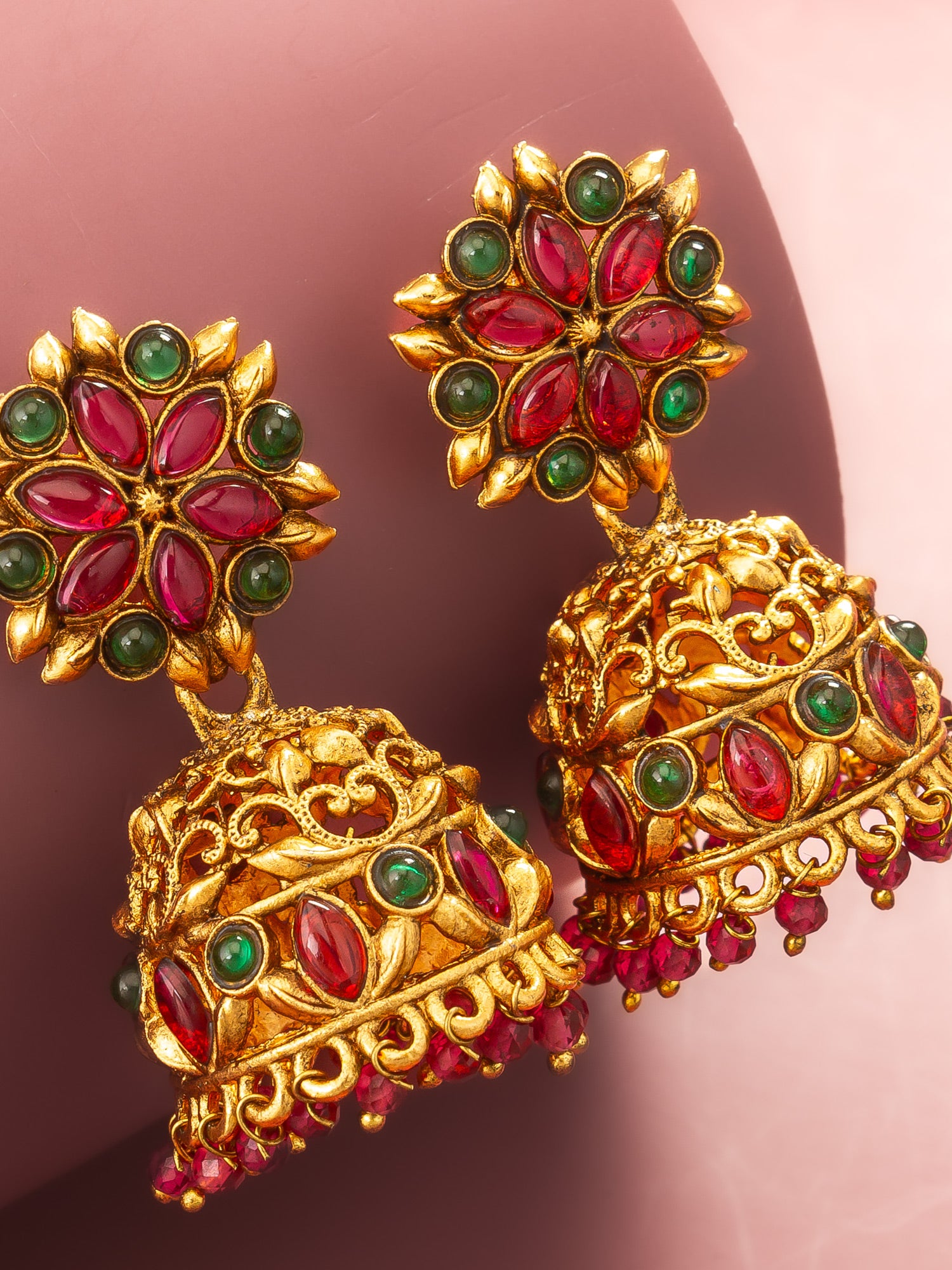 Aadita Traditional Gold-Tone Kundan Jhumka Earrings with Pink and Green Stones