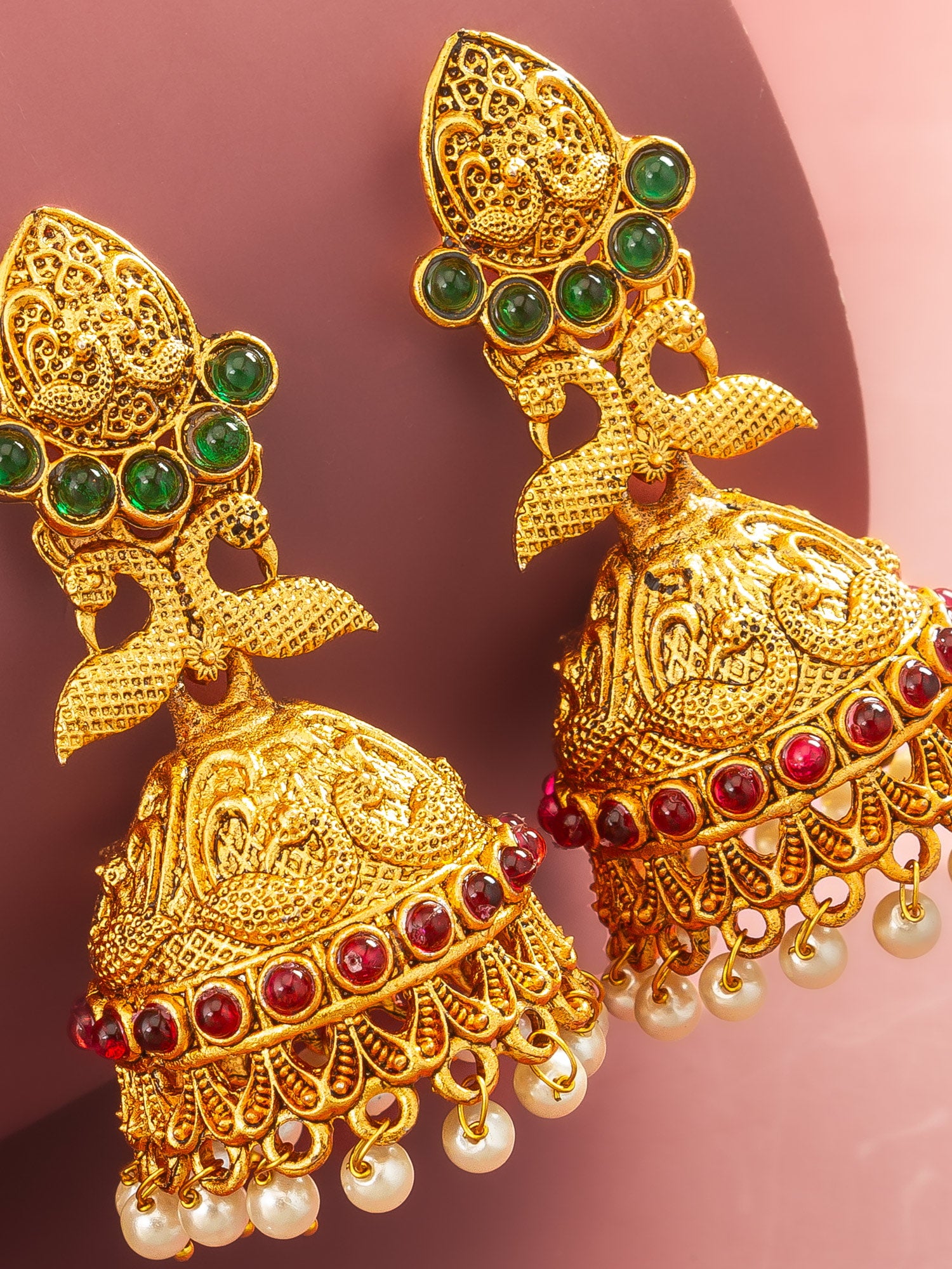 Aadita Traditional Gold Plated Green & Red Stone Jhumka Earrings
