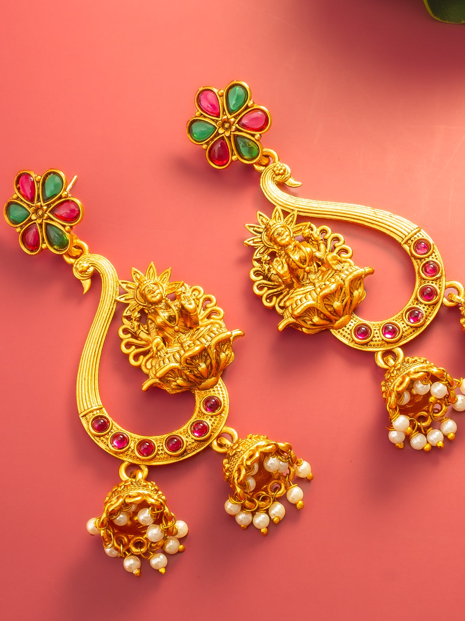 Aadita Temple Lakshmi Chandbali Jhumka Earrings with Stones