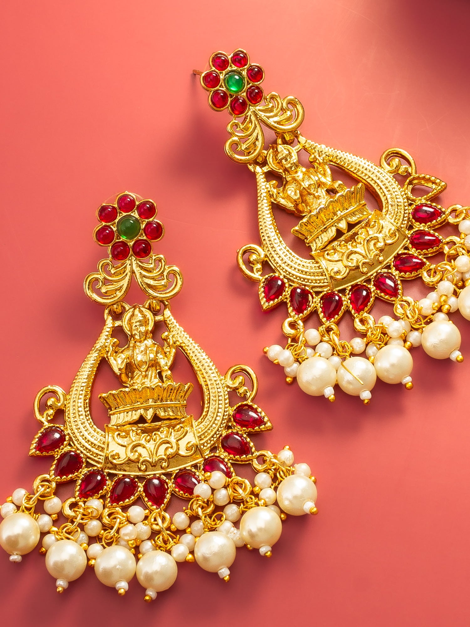 Aadita Temple Style Gold Plated Pink & Green Chandelier Earrings