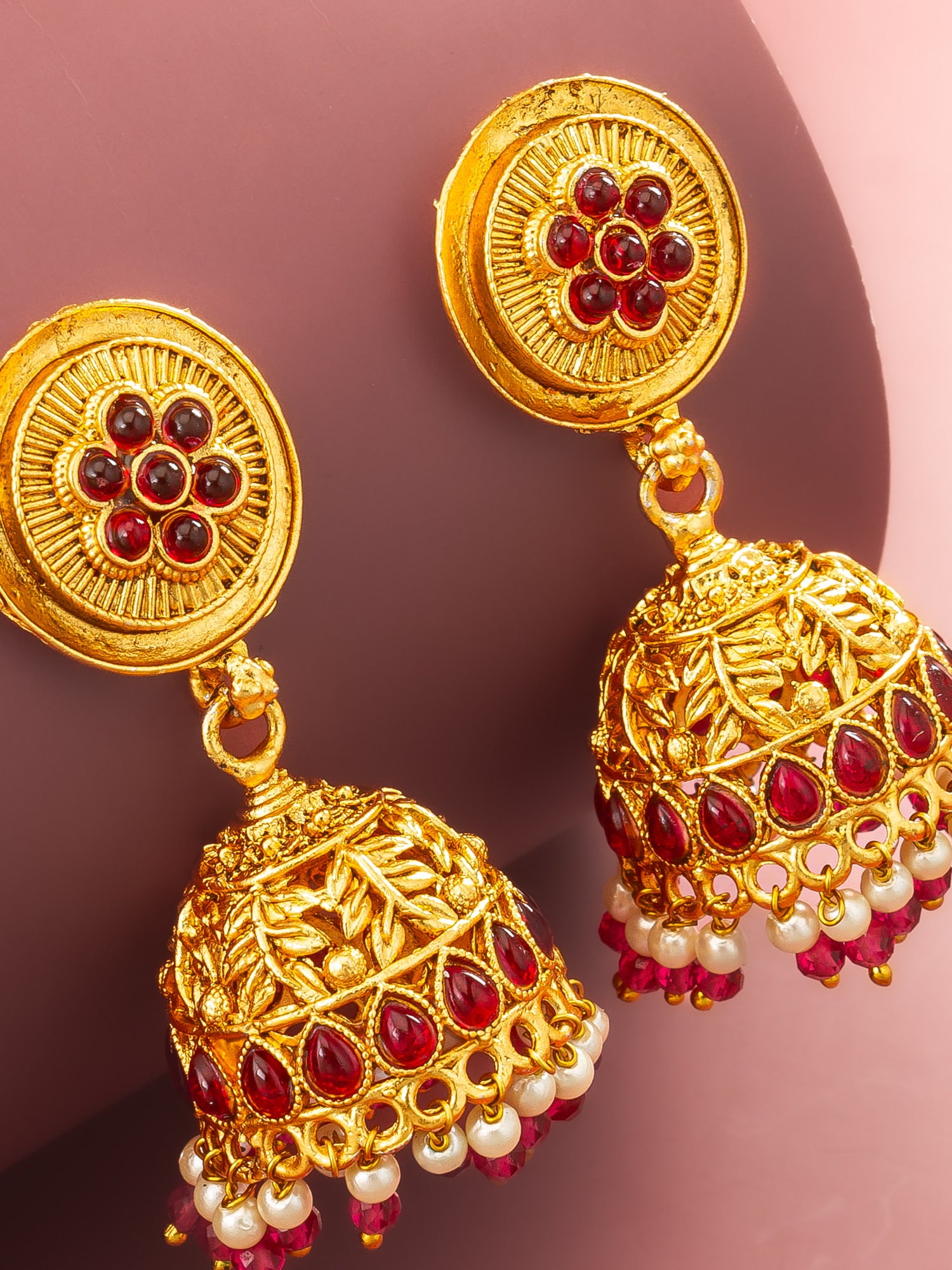 Aadita Traditional Gold Plated Pink Stone Jhumka Earrings