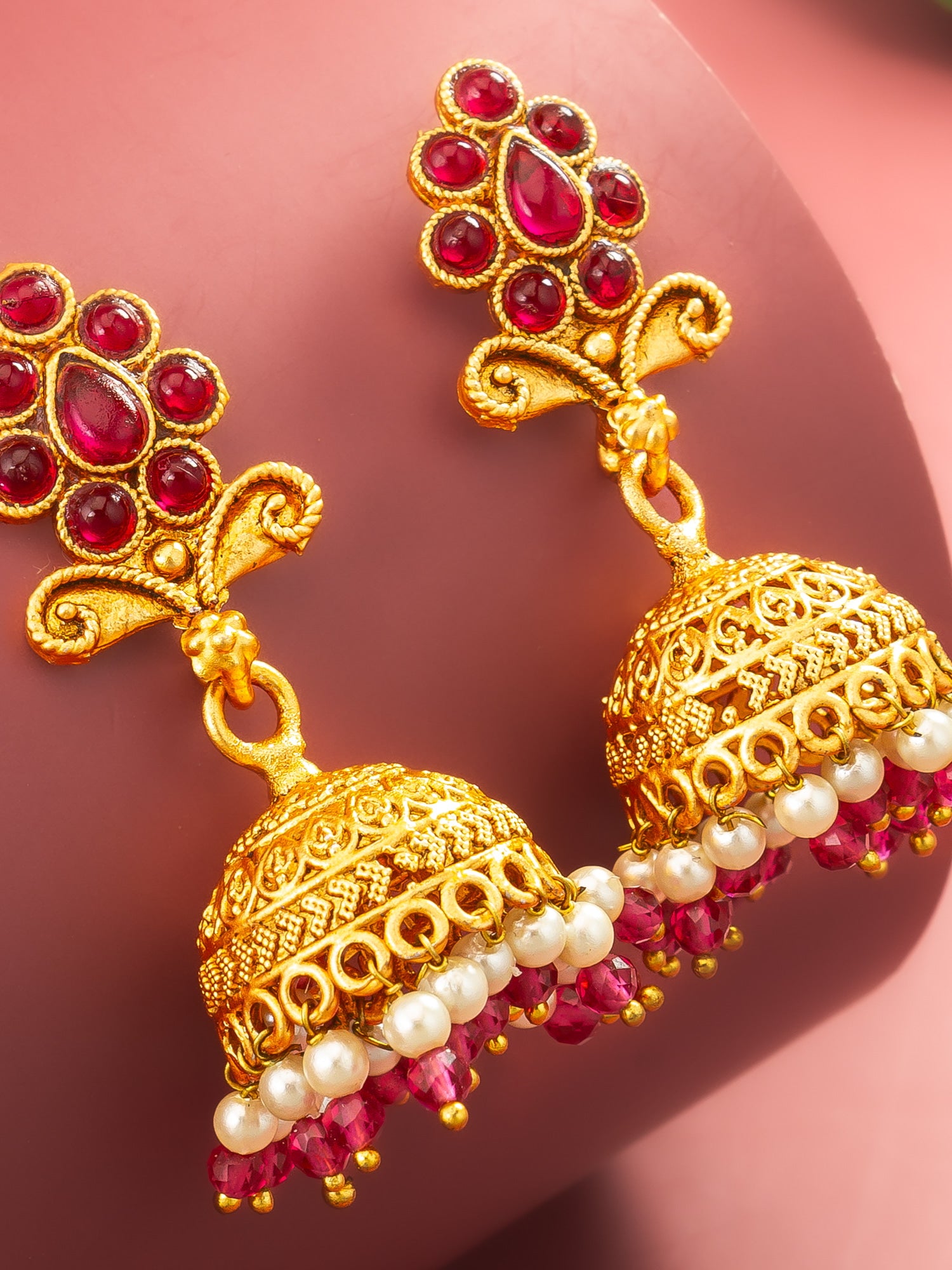 Aadita Classic Gold Plated Pink Stone Mini Jhumka Earrings