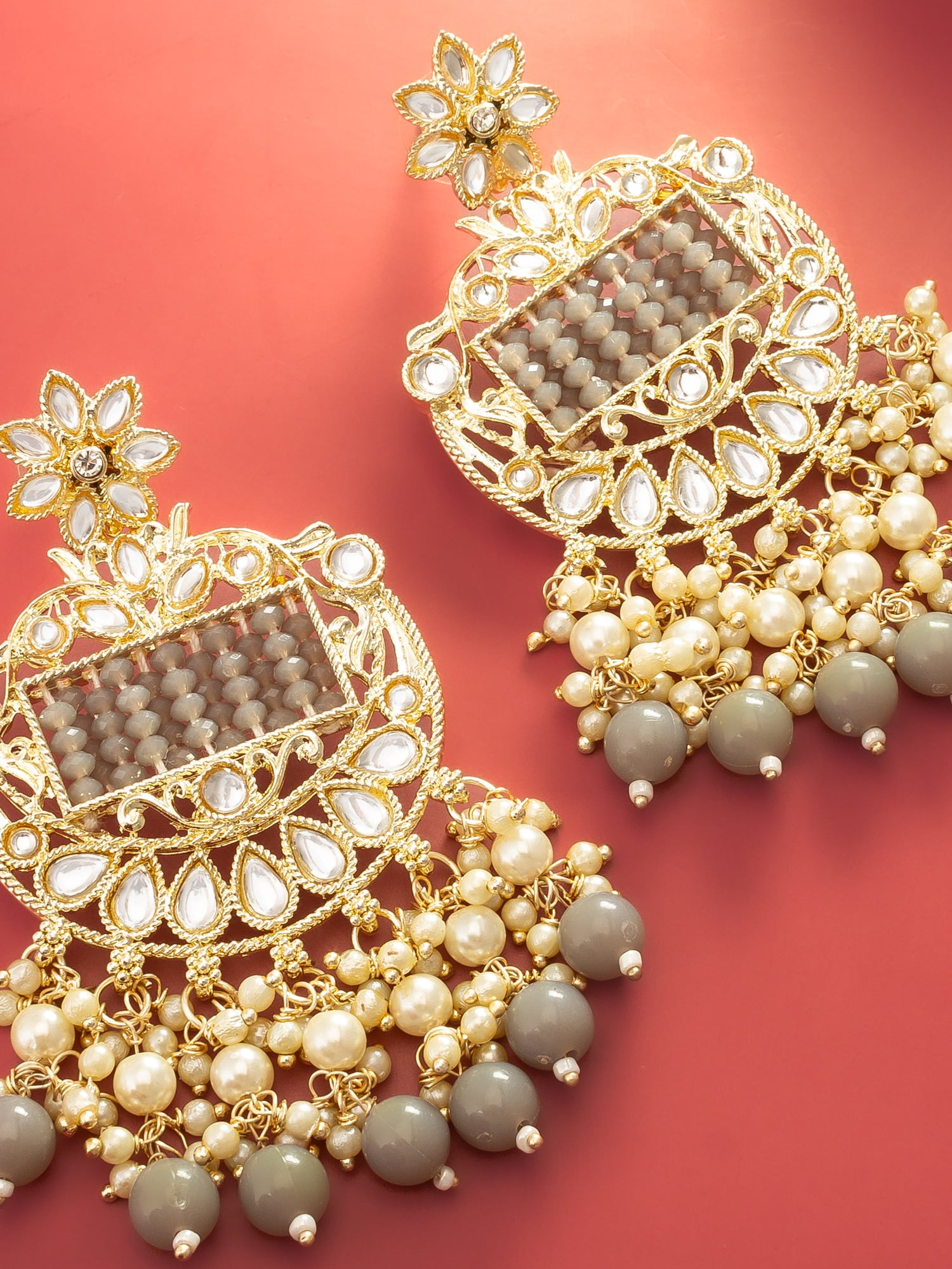 Aadita Gold Plated Grey Beaded Chandelier Earrings