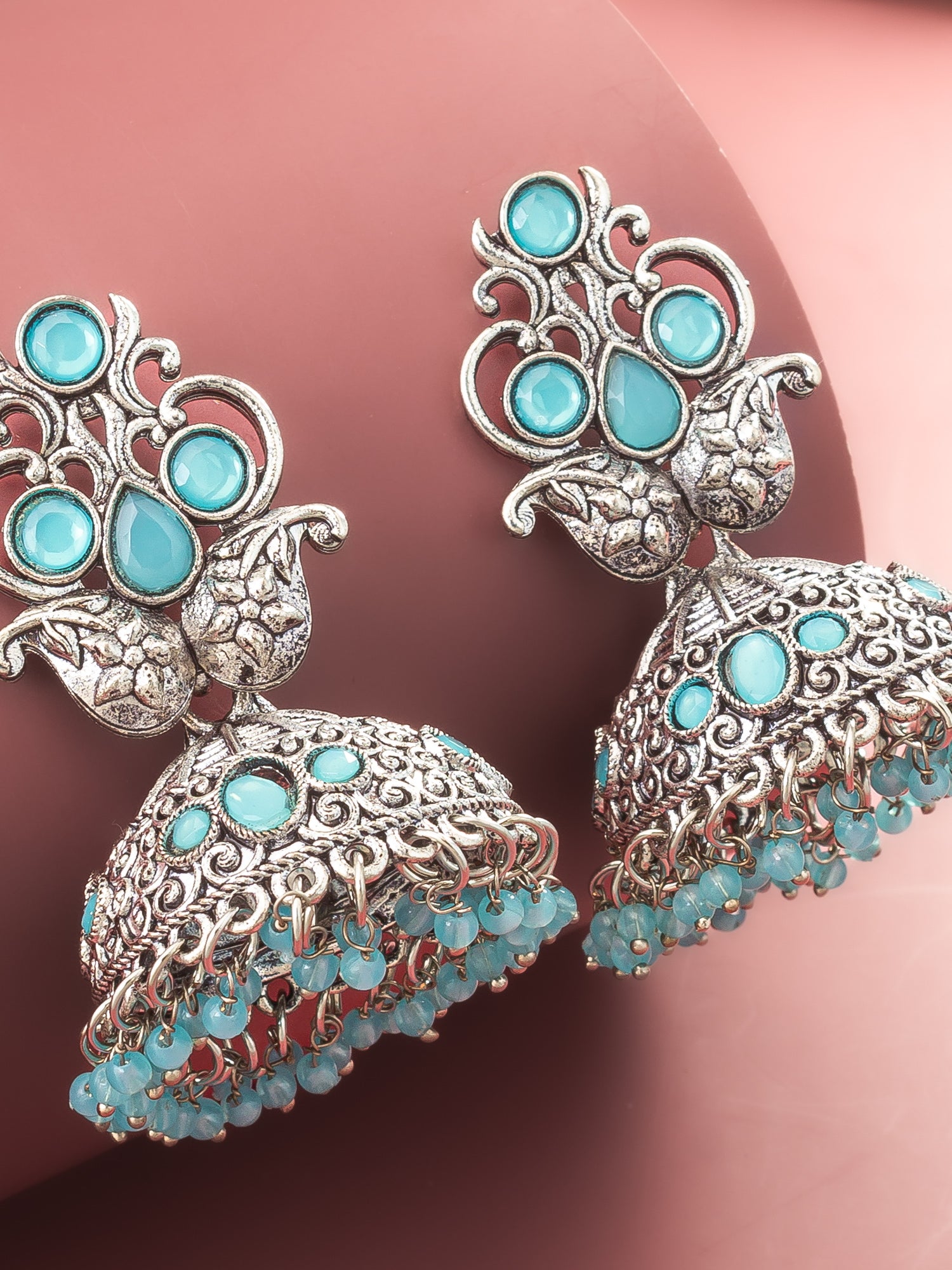 Aadita Silver Plated Stone Oxidized Jhumka Earrings