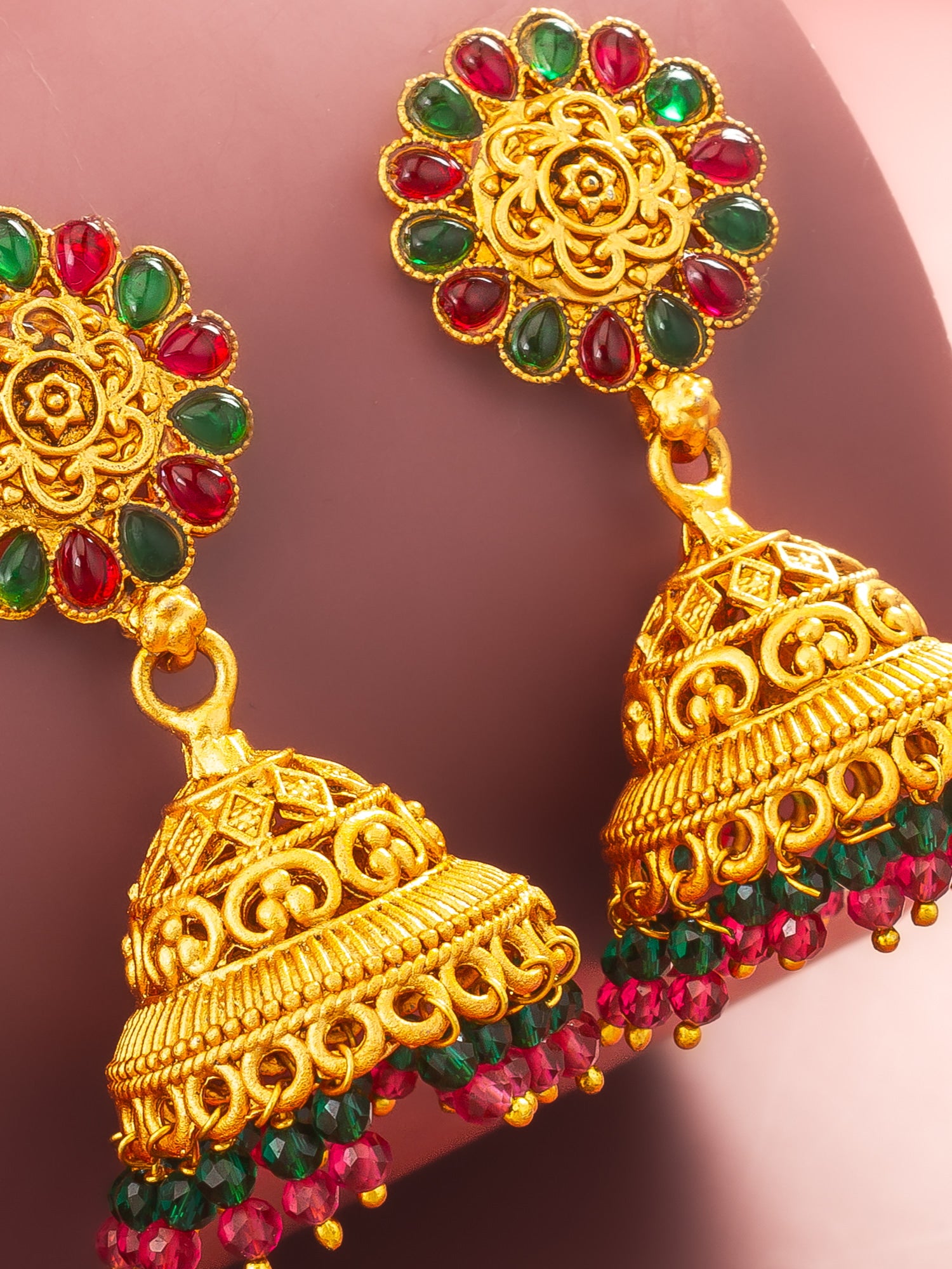 Aadita Traditional Gold Plated Green and Pink Stone Jhumka Earrings