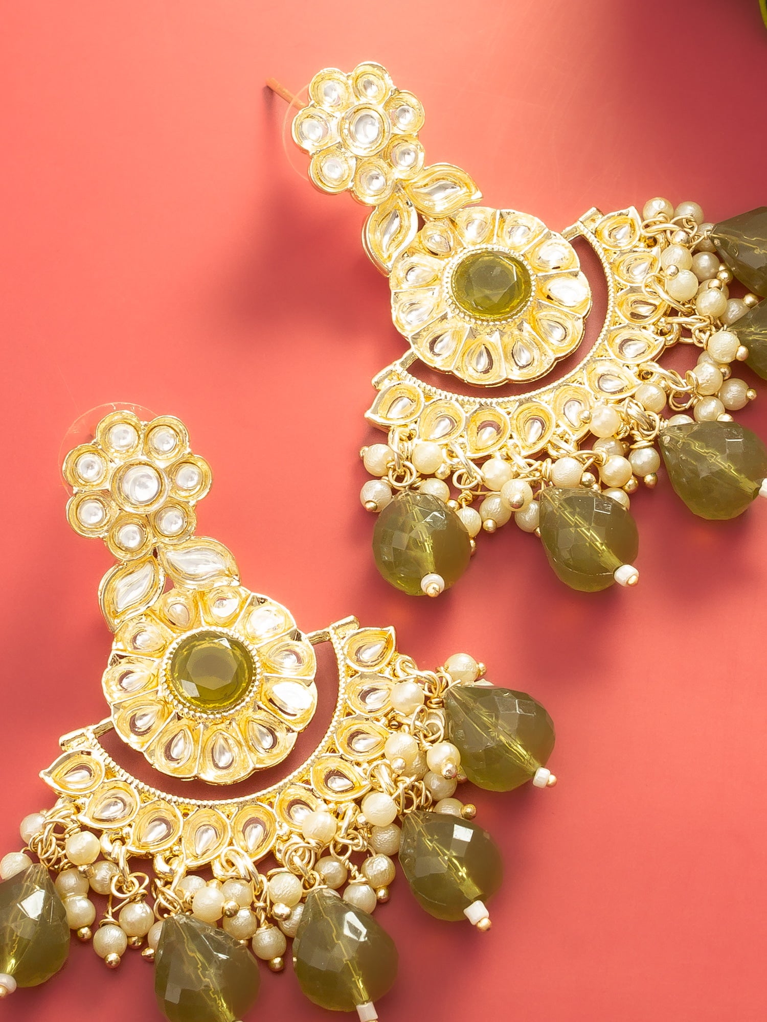 Aadita Olive Green Kundan Chandelier Earrings with Faceted Drops