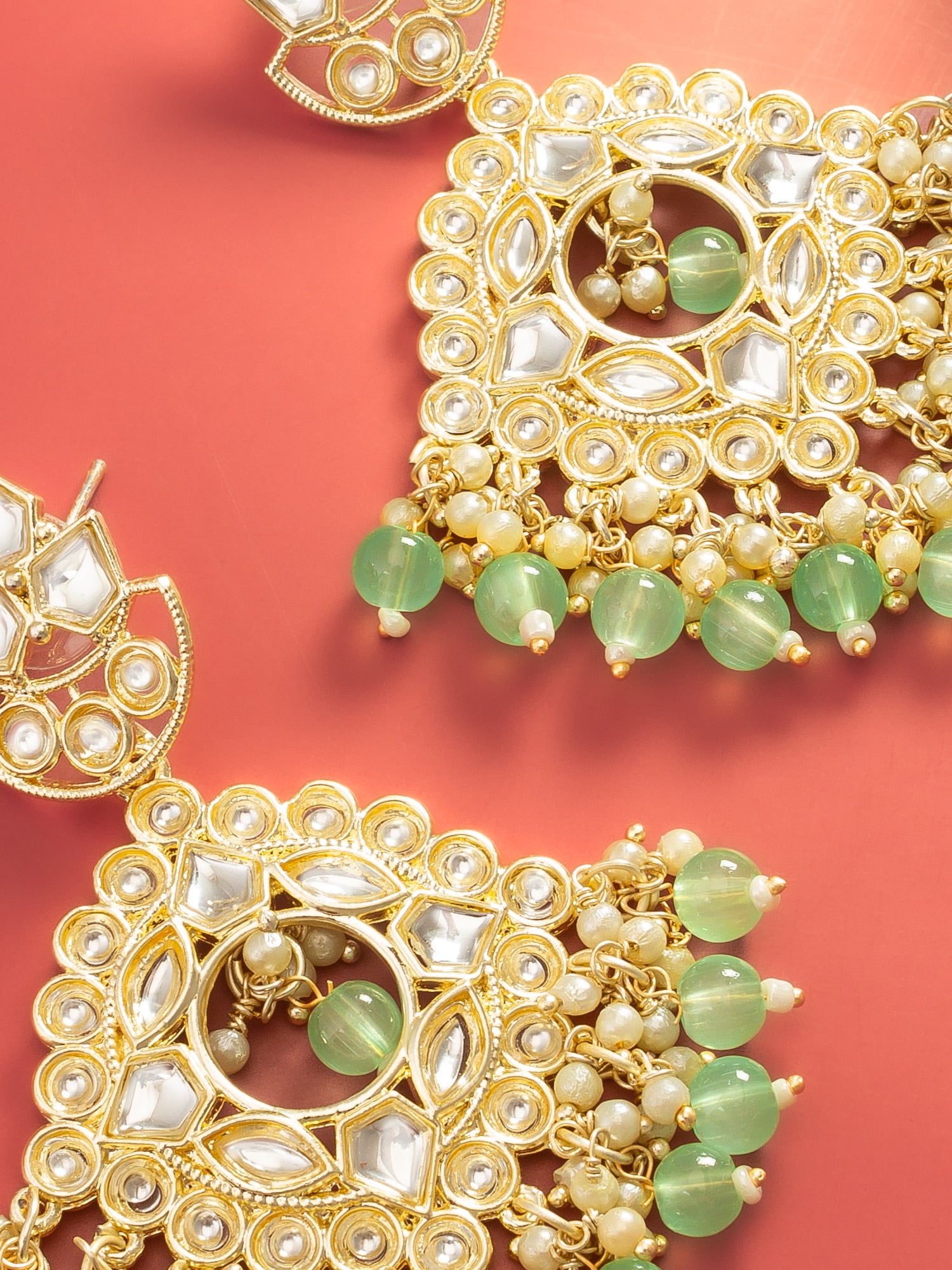 Aadita Mint Green Kundan Chandelier Earrings with Pearl Drops