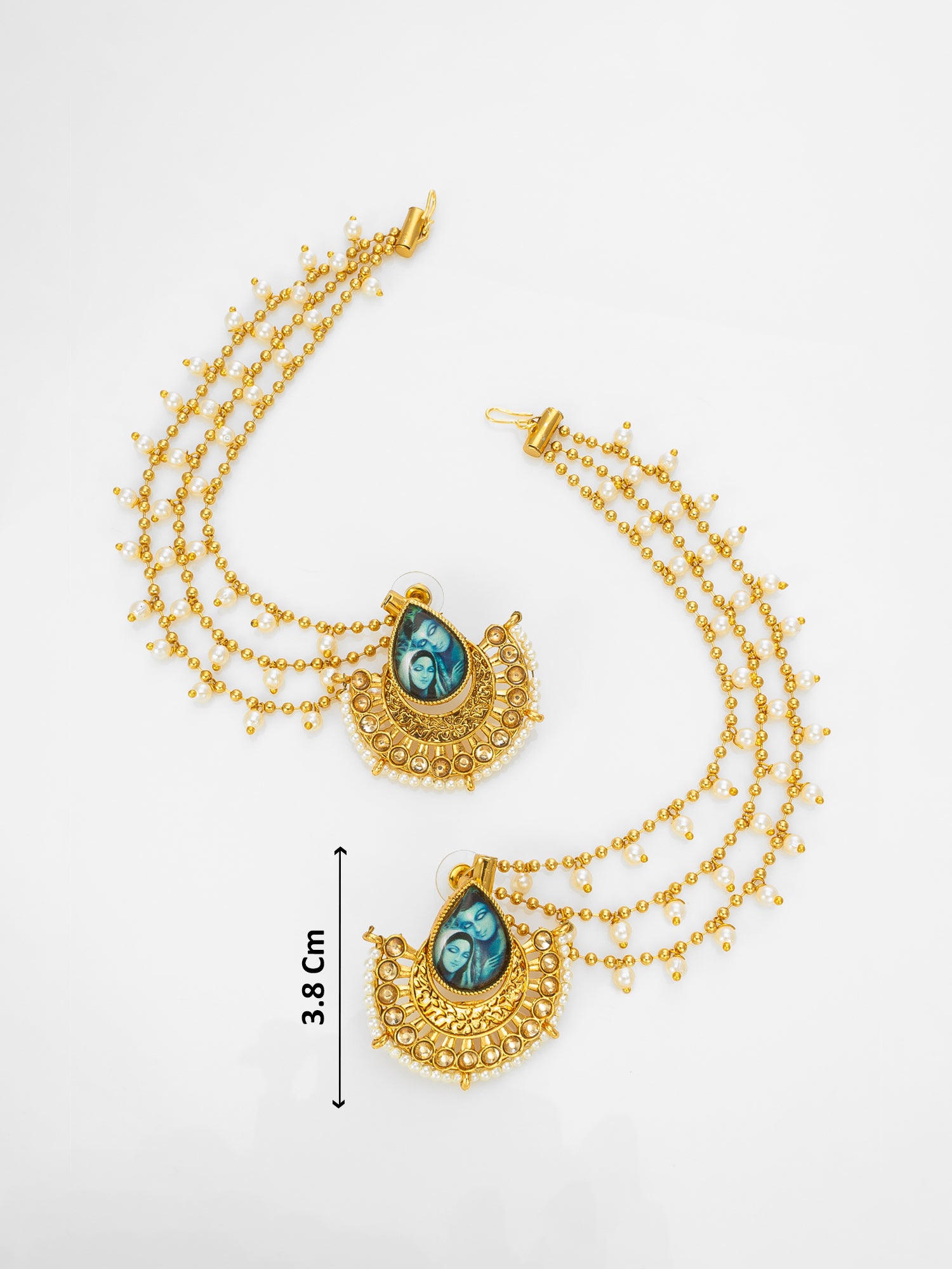Aadita Gold-Toned Bahubali Earrings with Removable Ear Chain Featuring Devotional Artwork