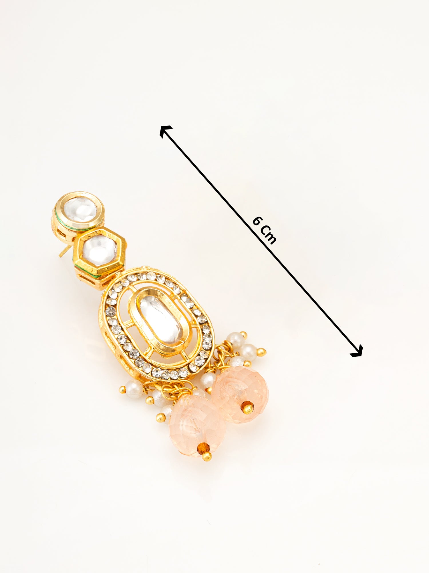 Aadita Gold Kundan Oval Drop Earrings with AD Crystal Border and Peach Bead Cluster