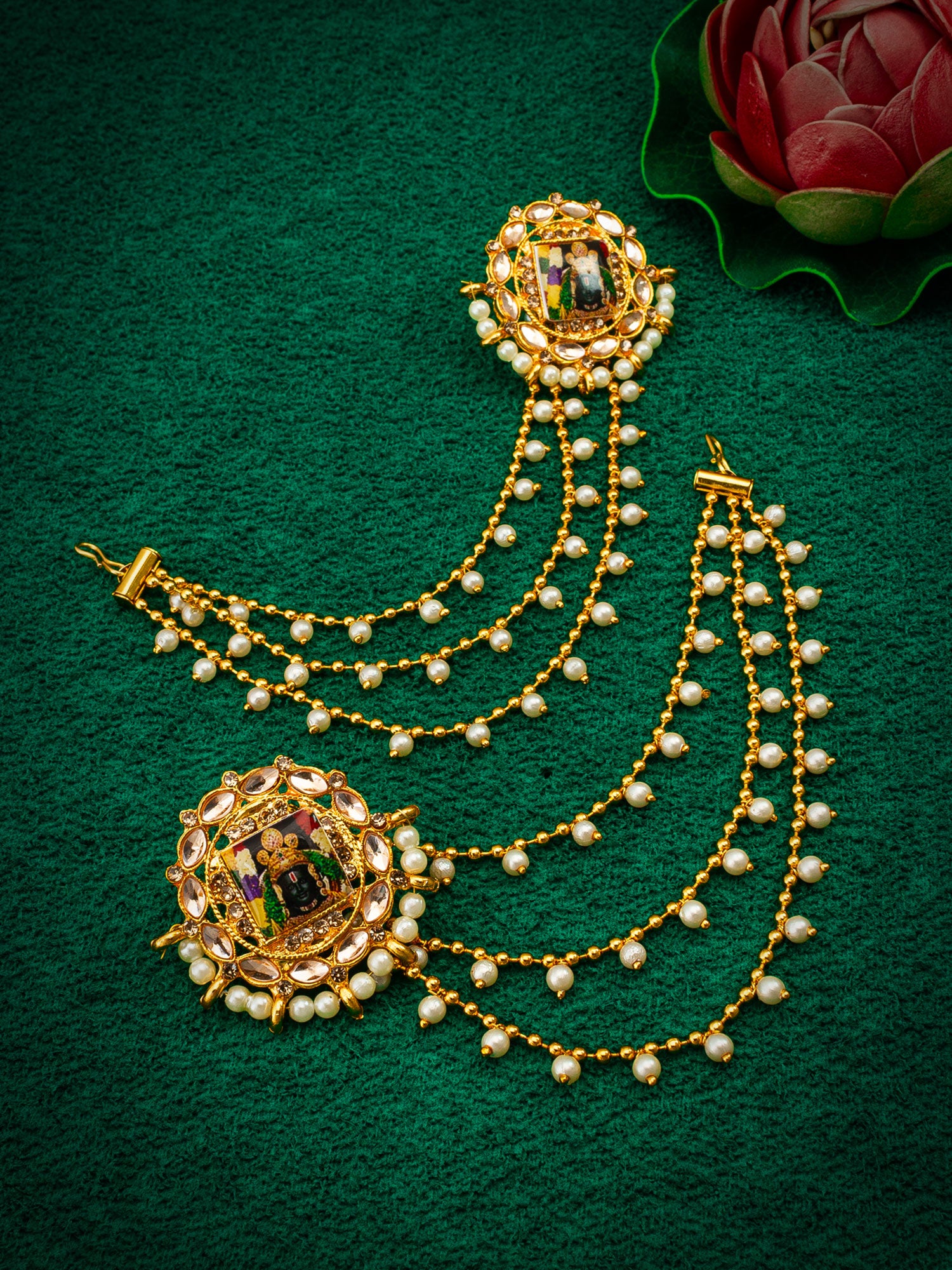 Aadita Bahubali Style Divine Motif Kundan Earrings with Multi-Layer Pearl Chain and AD Stones