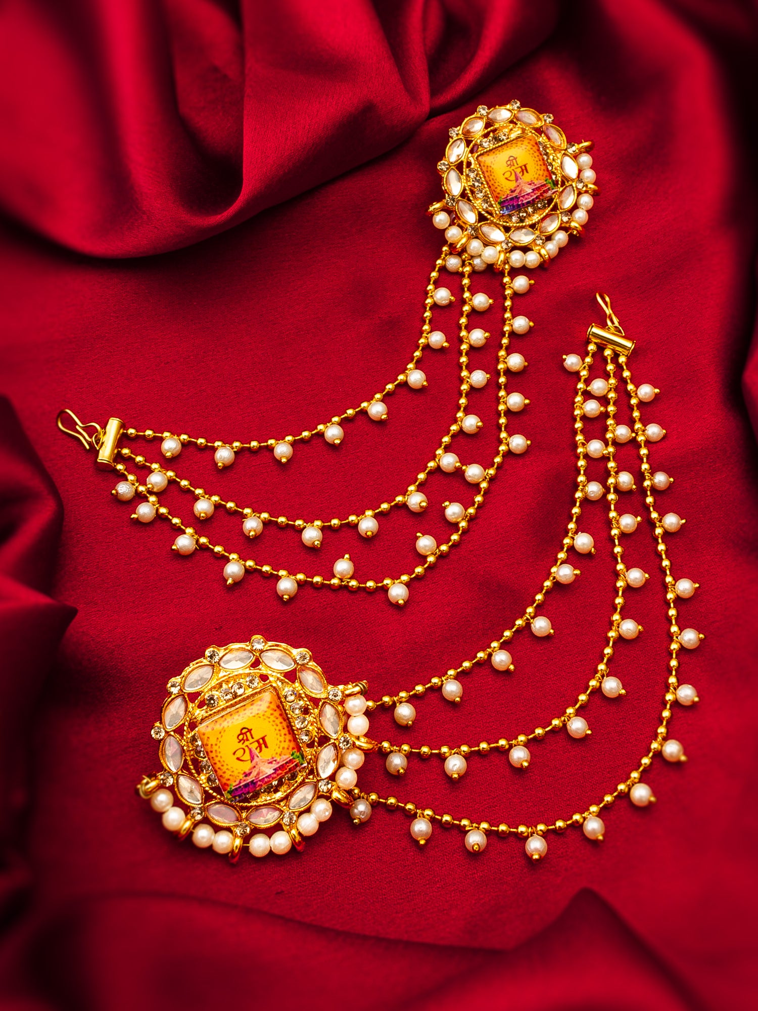 Aadita Bahubali Style Shri Ram Mandir Motif Kundan Earrings with Layered Pearl Chain