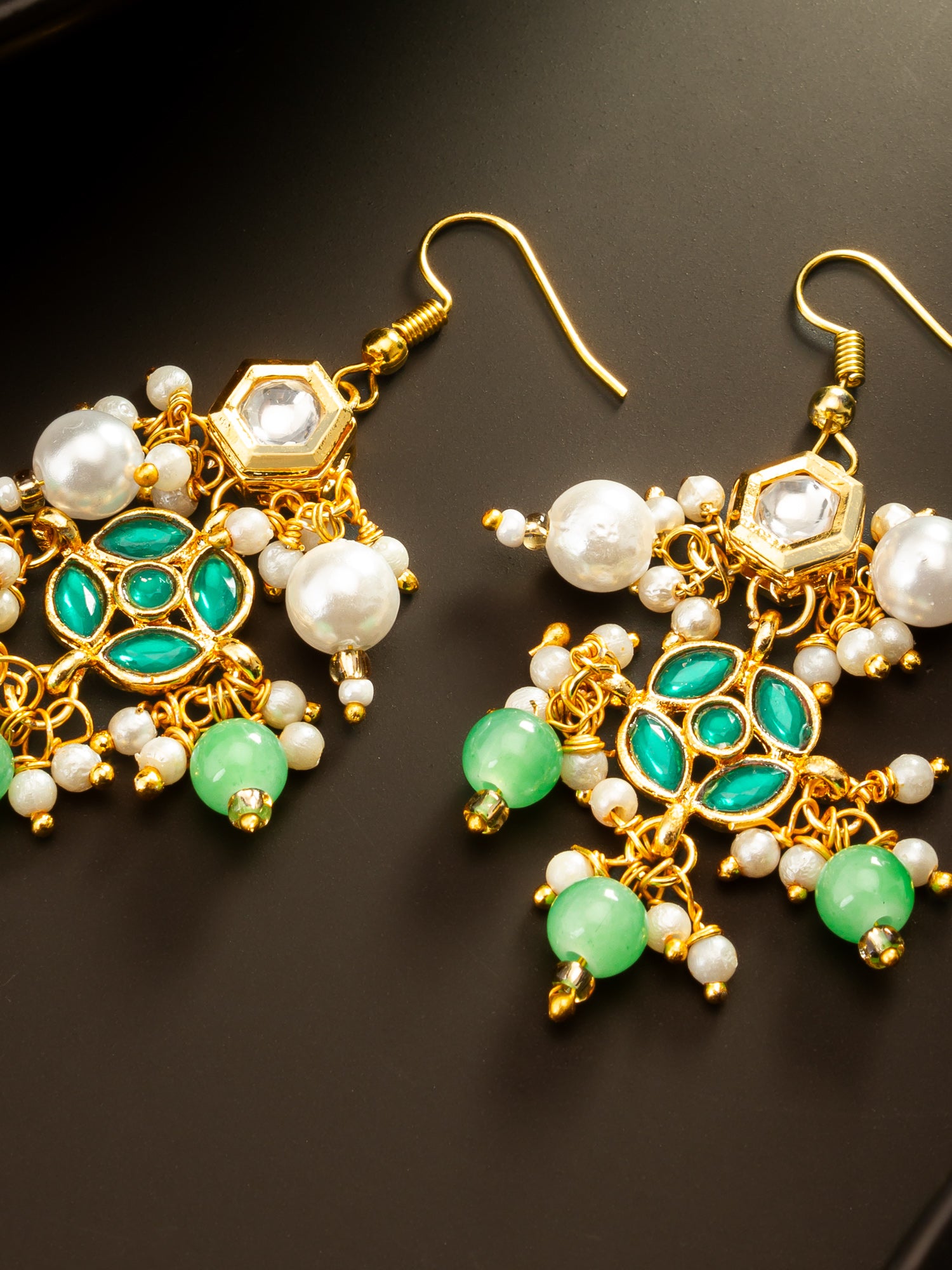 Aadita Gold Plated Green Kundan and Pearl Chandelier Earrings for Women