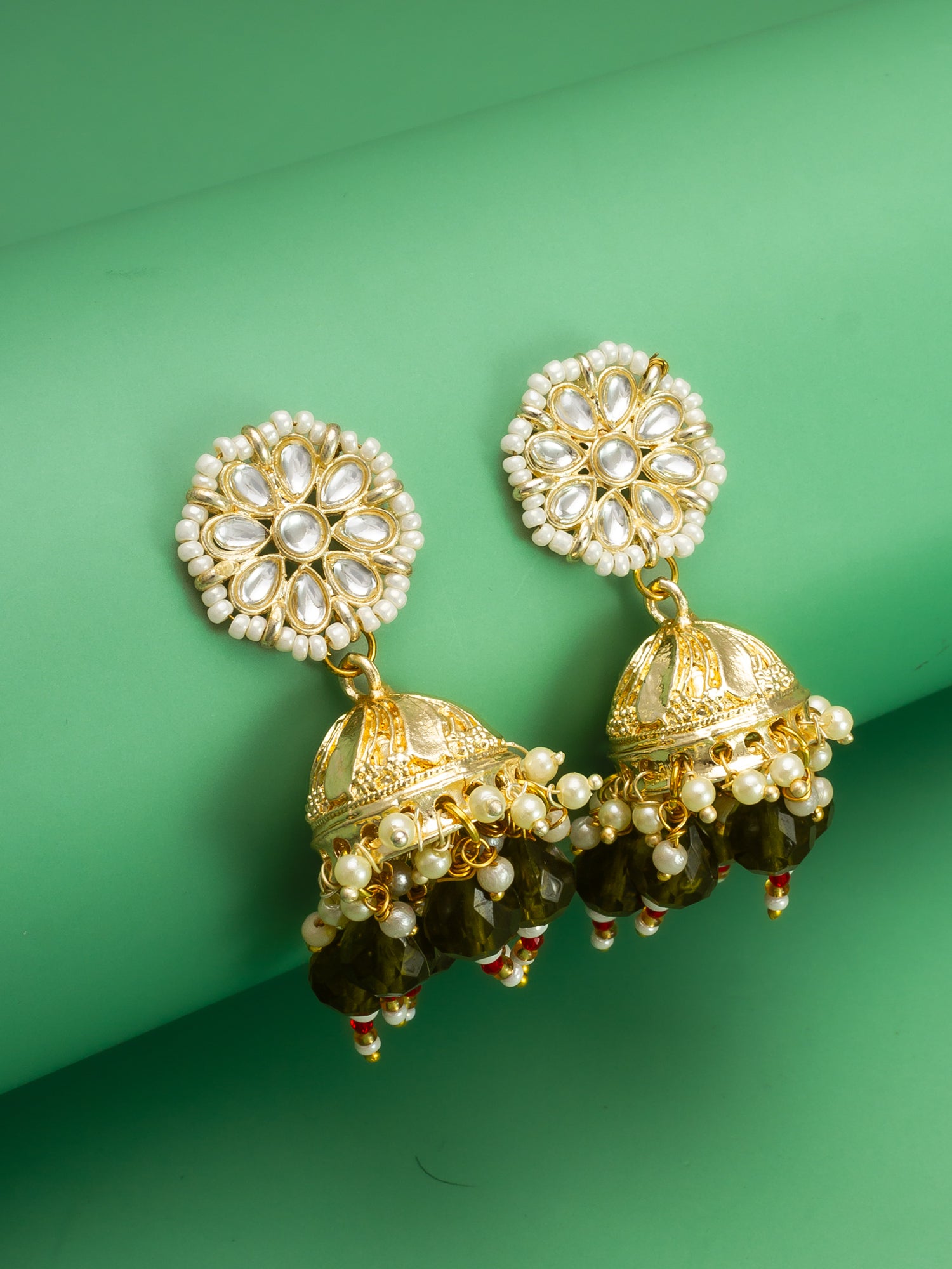 Aadita Gold Plated Olive Green Beaded Jhumka Earrings – Aadita