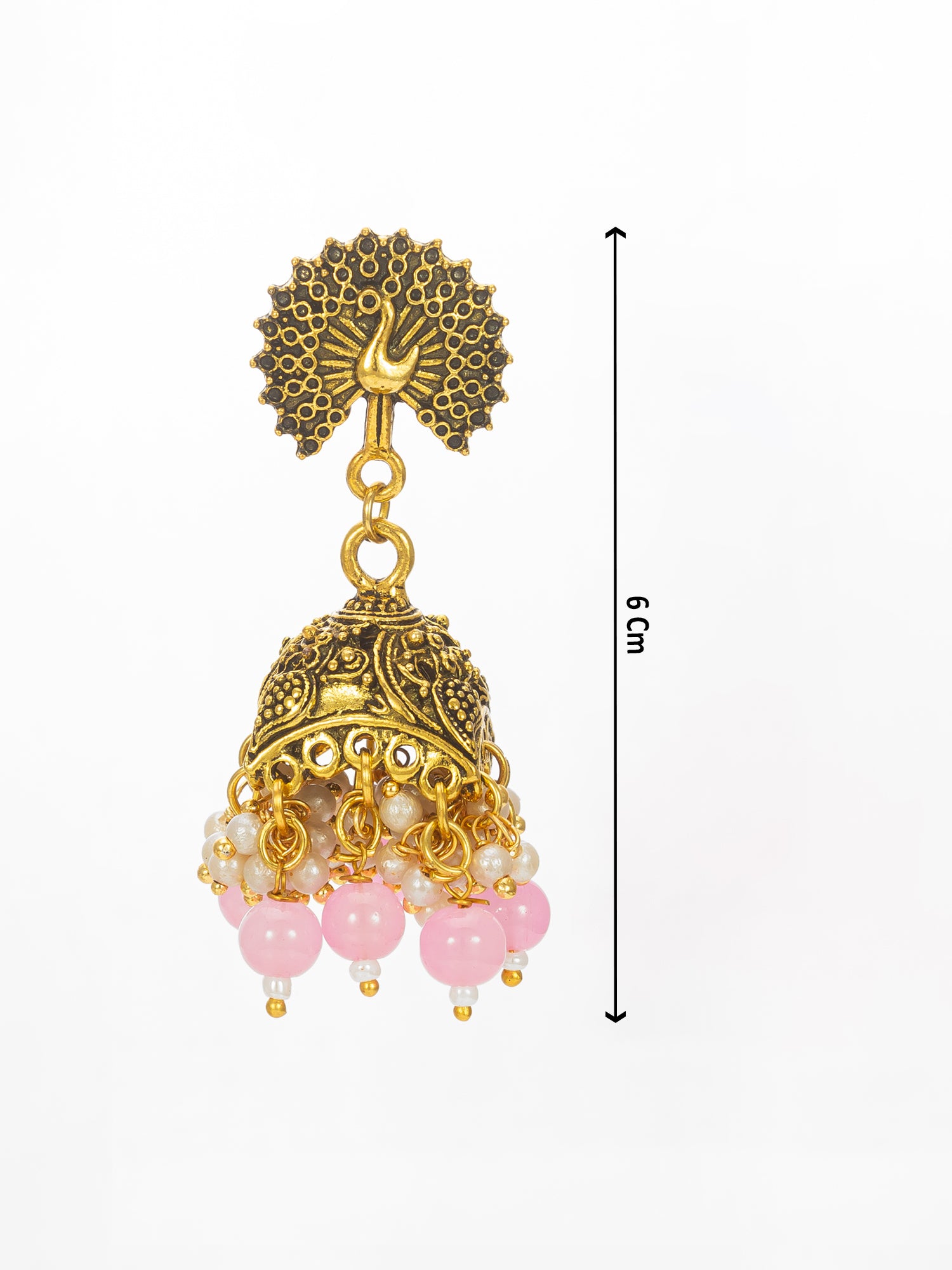 Aadita Peacock Motif Pink Beaded Gold Plated Jhumka Earrings