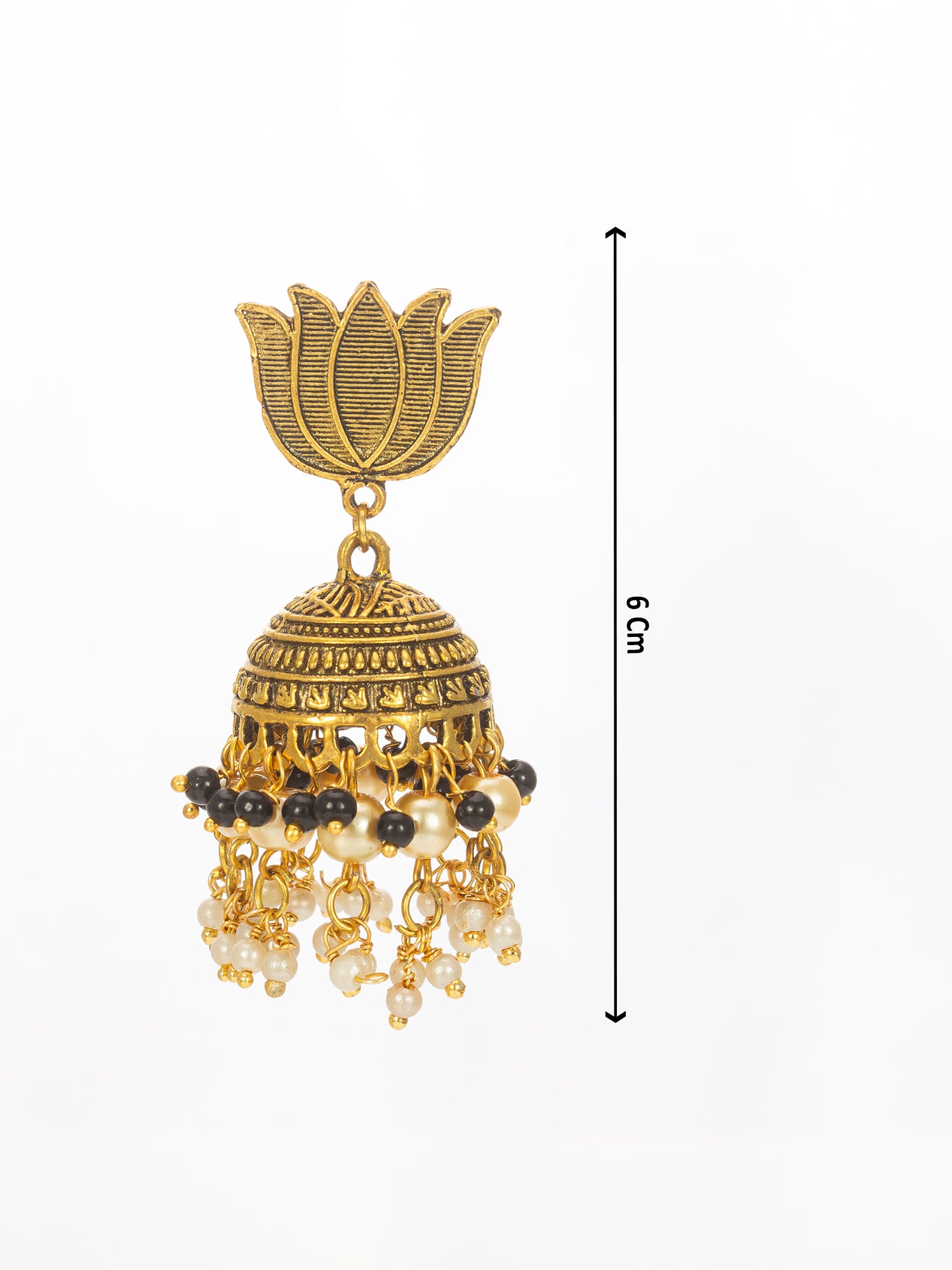 Aadita Antique Gold Lotus Top Jhumka Earrings with Black and White Beads