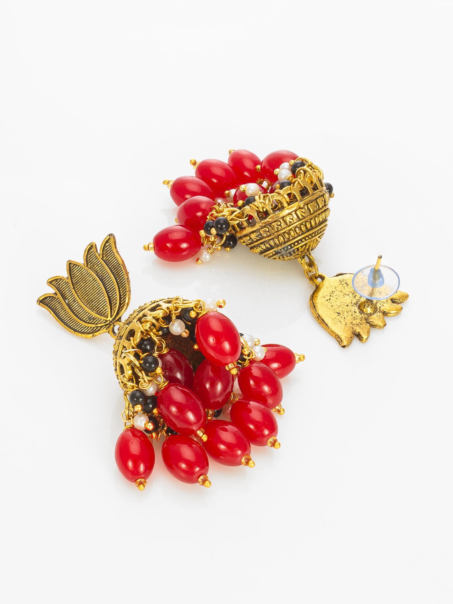 Aadita Lotus Top Gold-Plated Red Beaded Jhumka Earrings