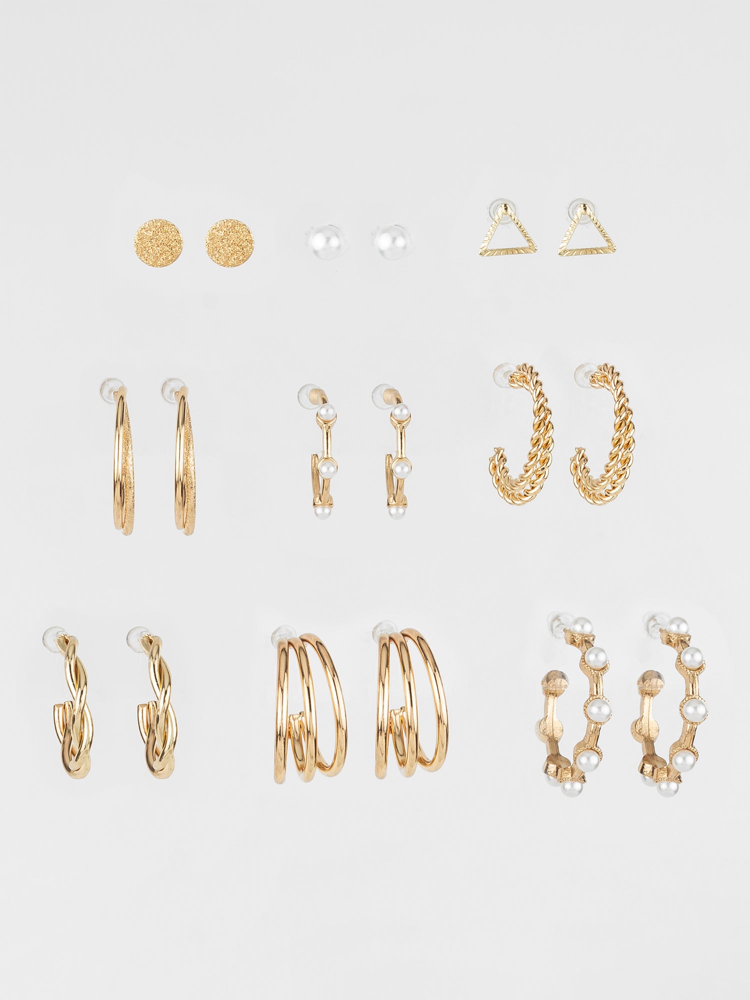 Aadita Gold Plated Textured & Pearl Accent Hoop Earring Combo Set for Women (Pack of 9 Pairs)