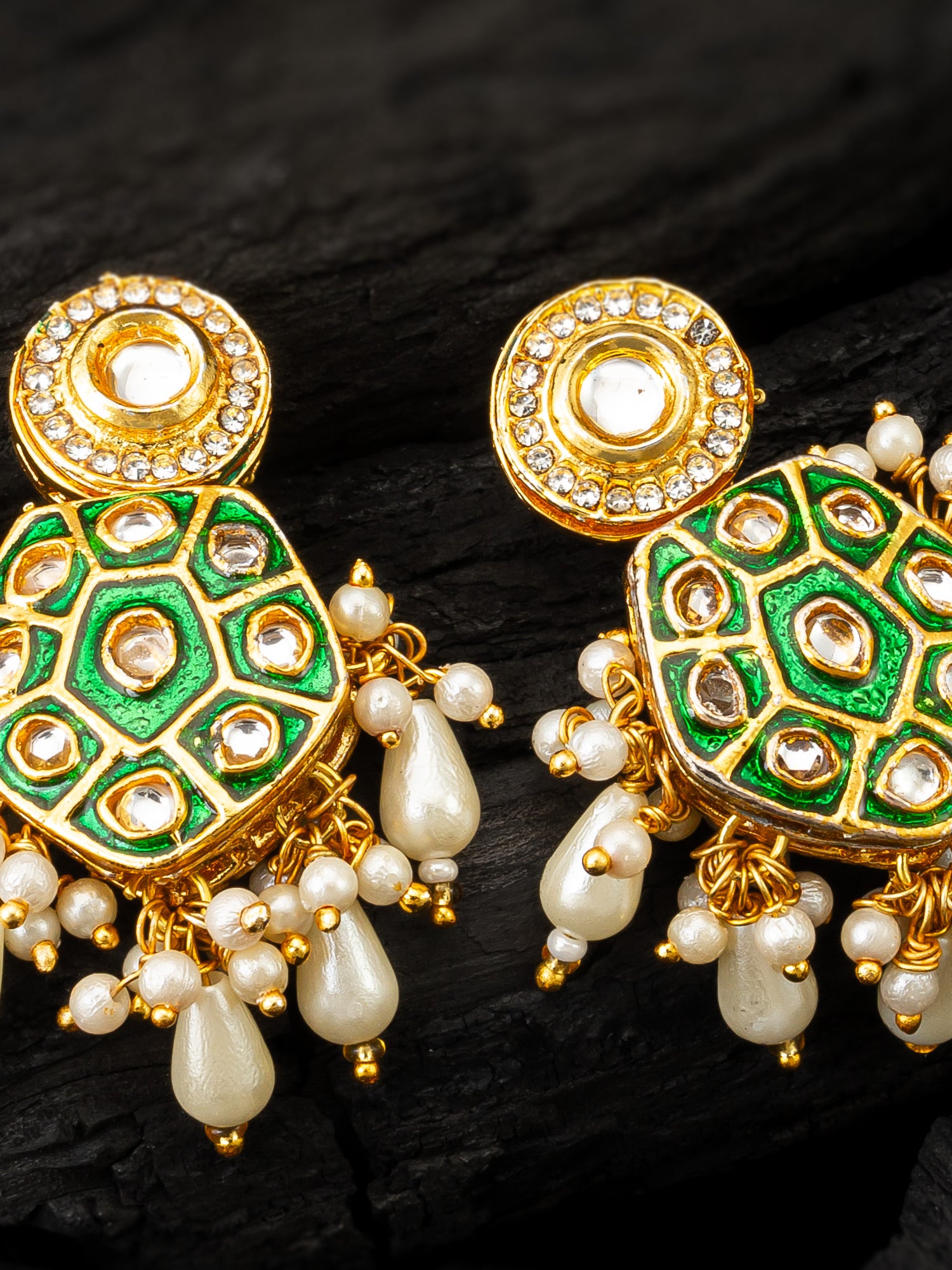Aadita Green Meenakari Kundan Hexagonal Drop Earrings with Pearl Hangings