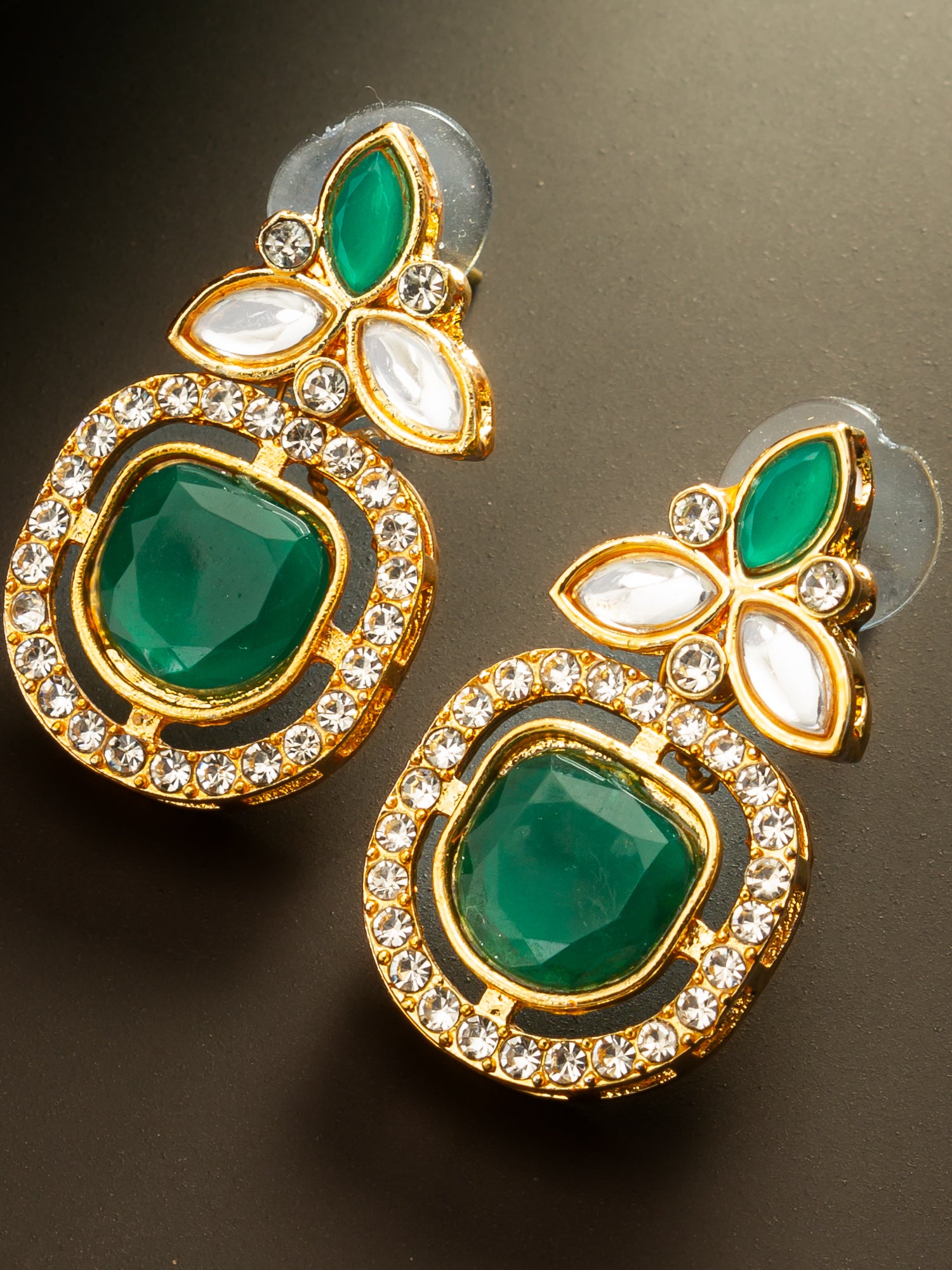 Aadita Gold Plated Green Stone and AD Studded Traditional Drop Earrings
