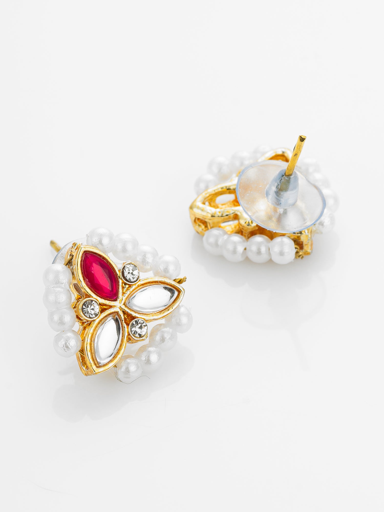 Aadita Gold Plated Red Kundan and Pearl Border Stud Earrings