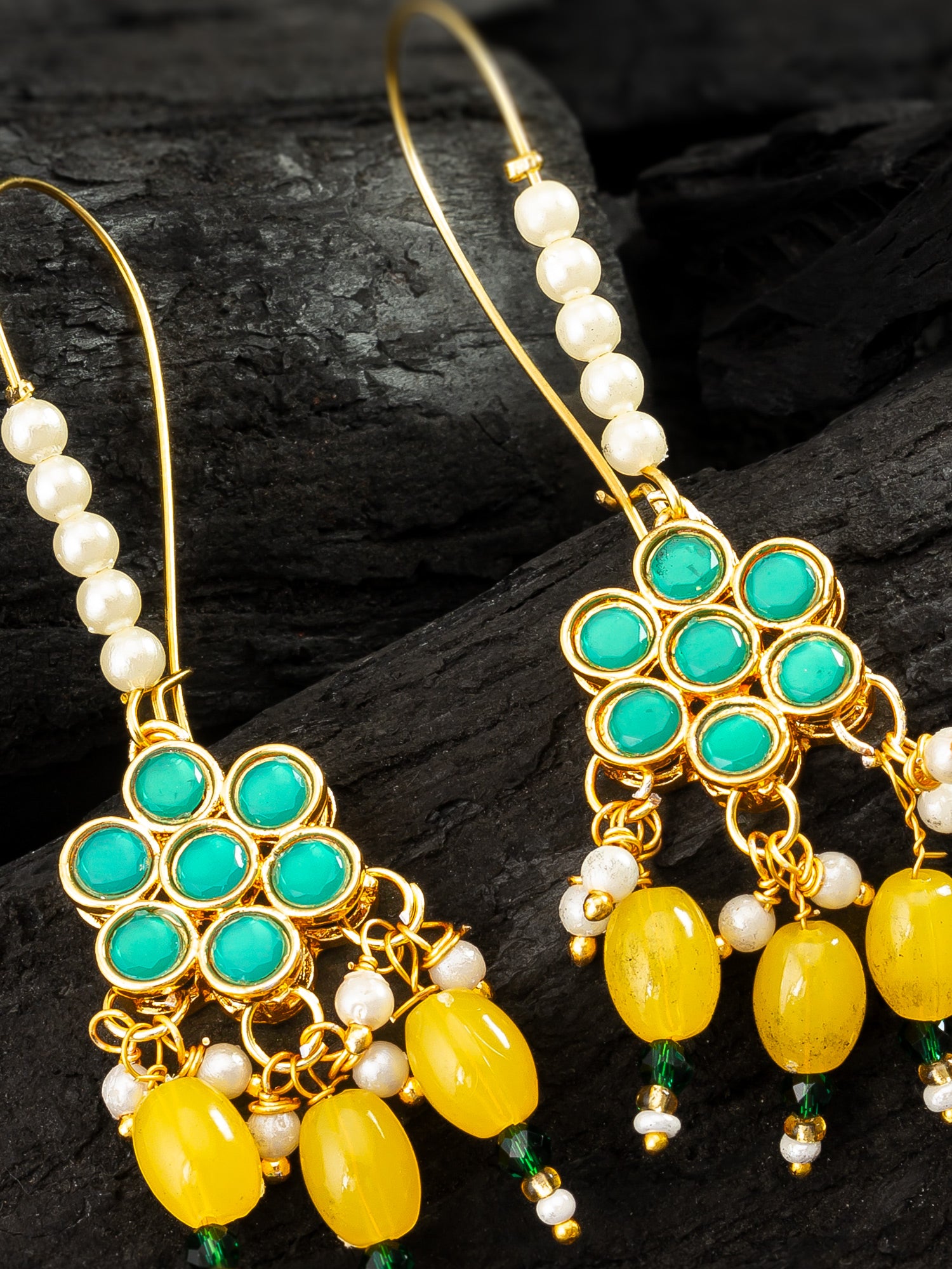 Aadita Long Hook Green Floral Earrings with Yellow Bead Clusters and Pearl Accents