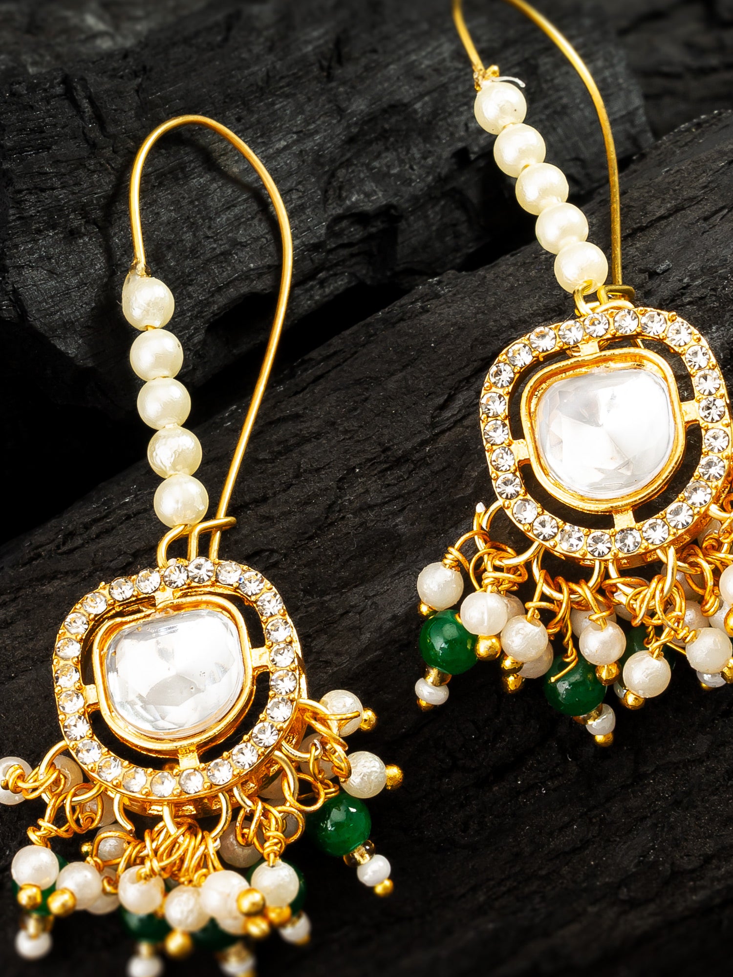Aadita Gold Plated Hook Earrings with Emerald Green Bead Tassels