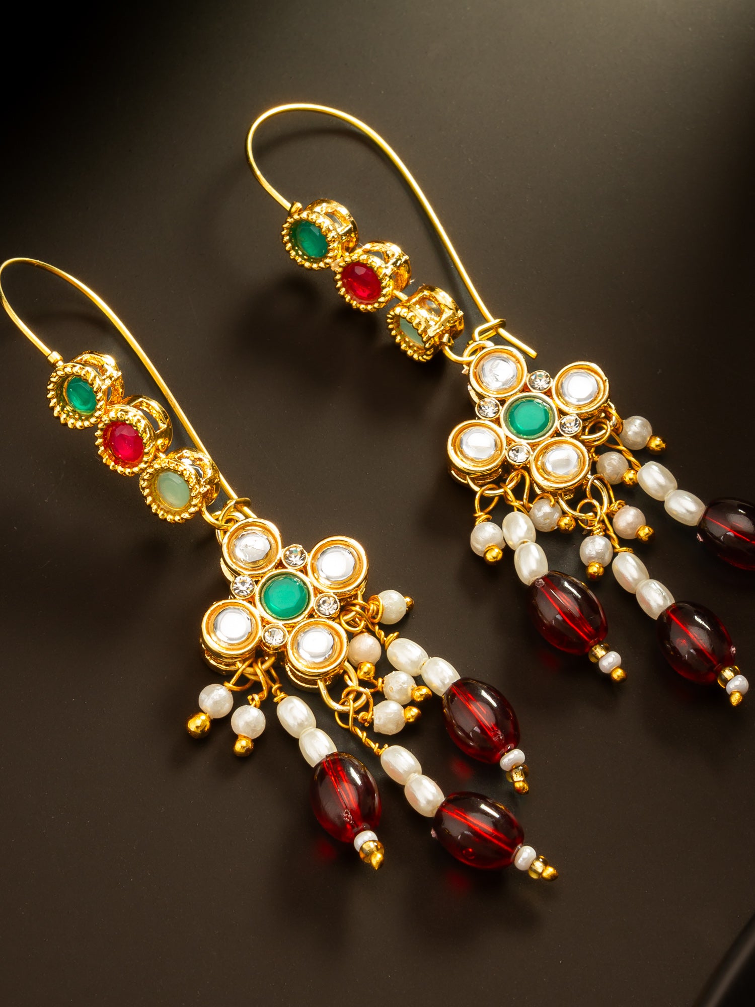 Aadita Gold Plated Multi-Color Kundan and Red Bead Long Drop Earrings