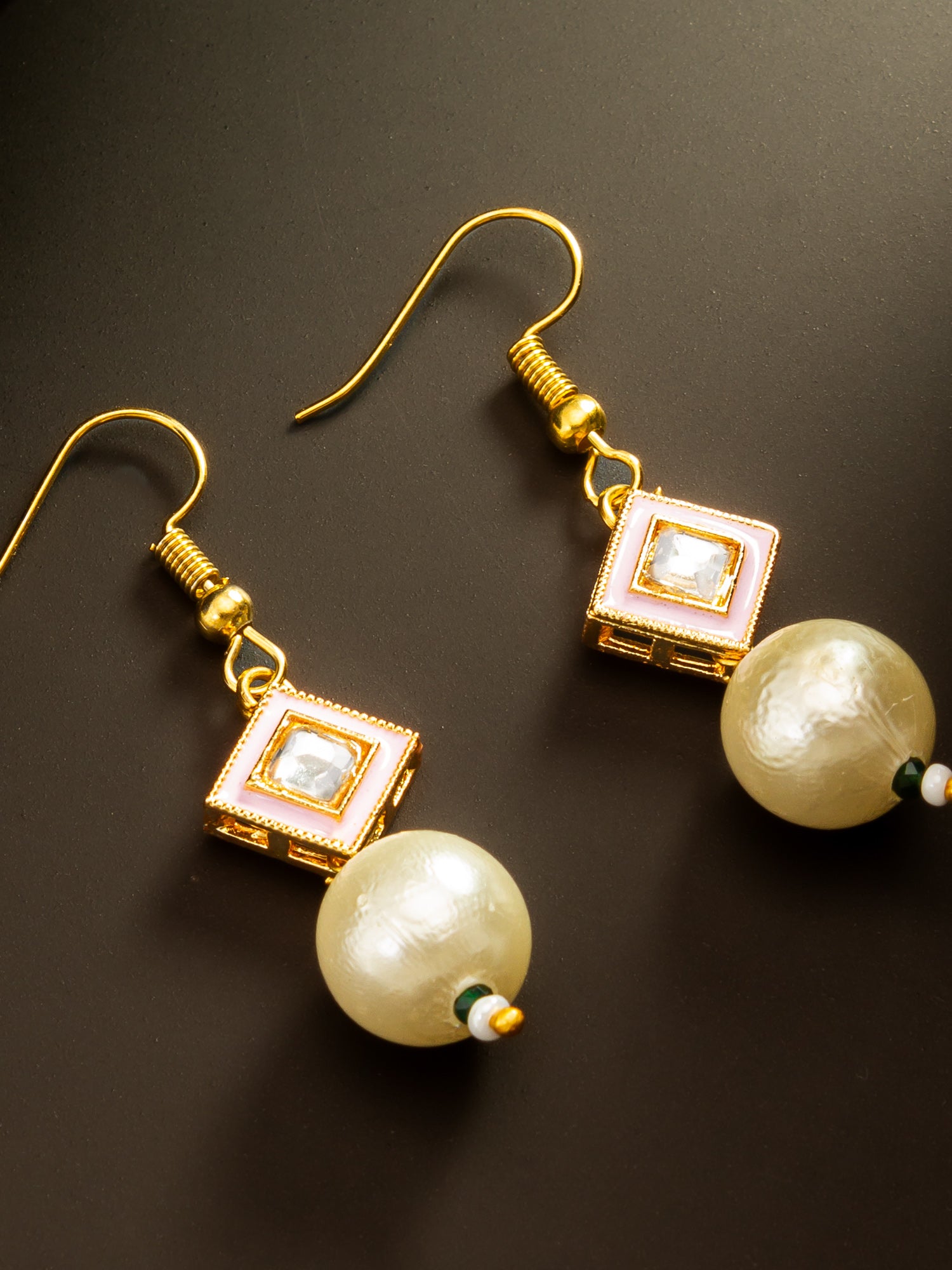 Aadita Gold Plated Pink Enamel and Large Pearl Drop Earrings