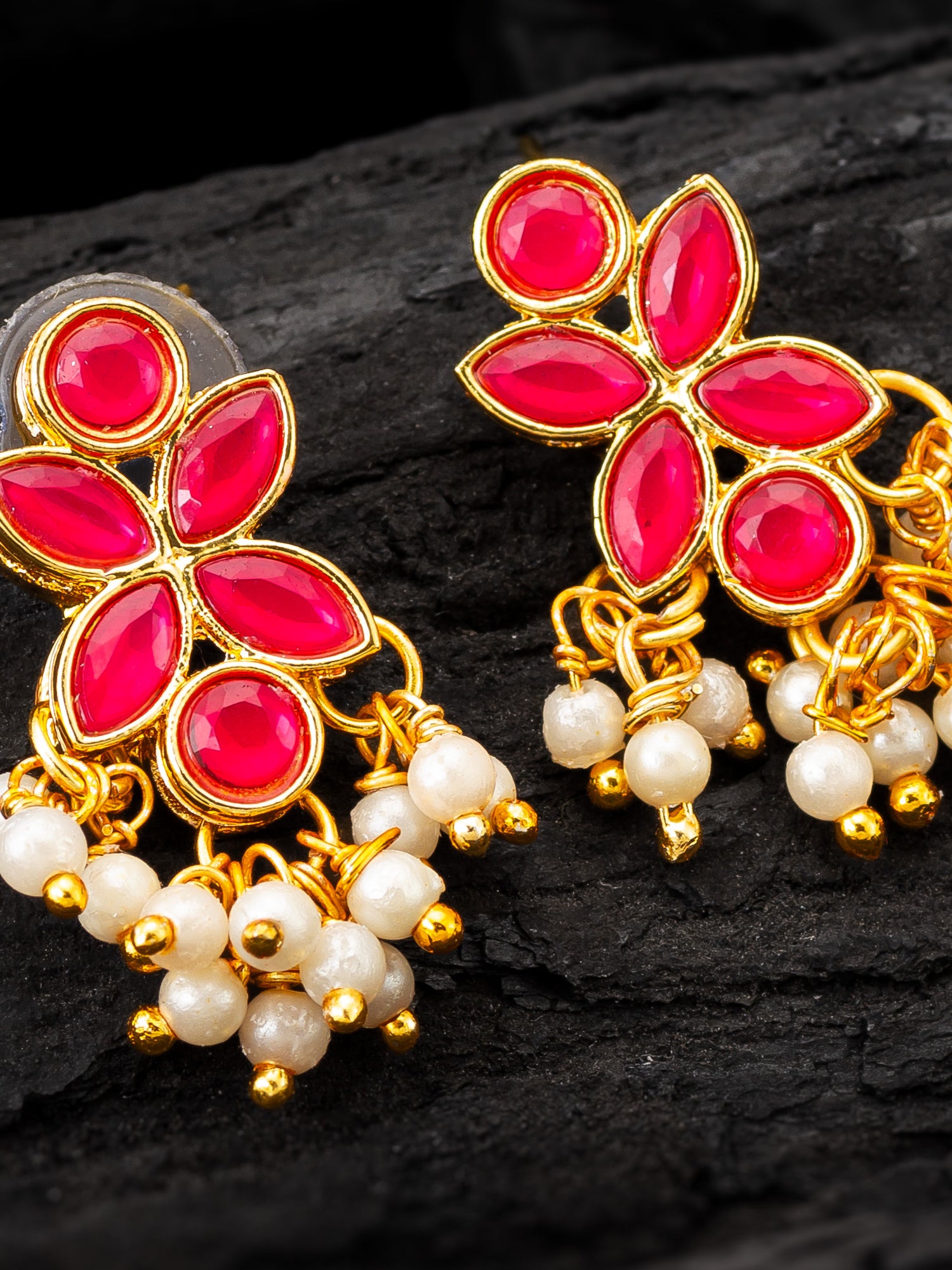 Aadita Premium Gold Plated Pink Kundan and Pearl Earrings