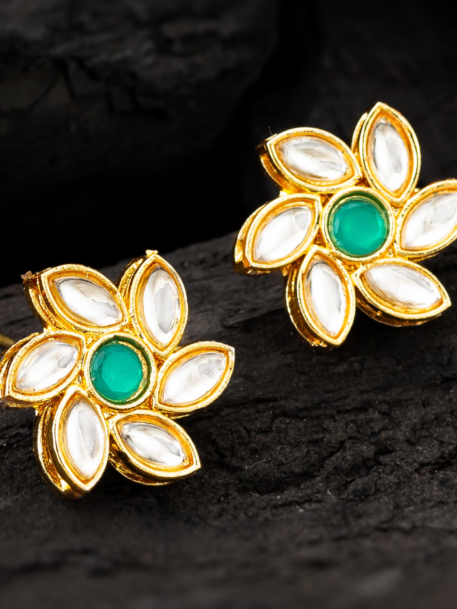 Aadita Traditional Gold Plated White and Green Kundan Floral Studs