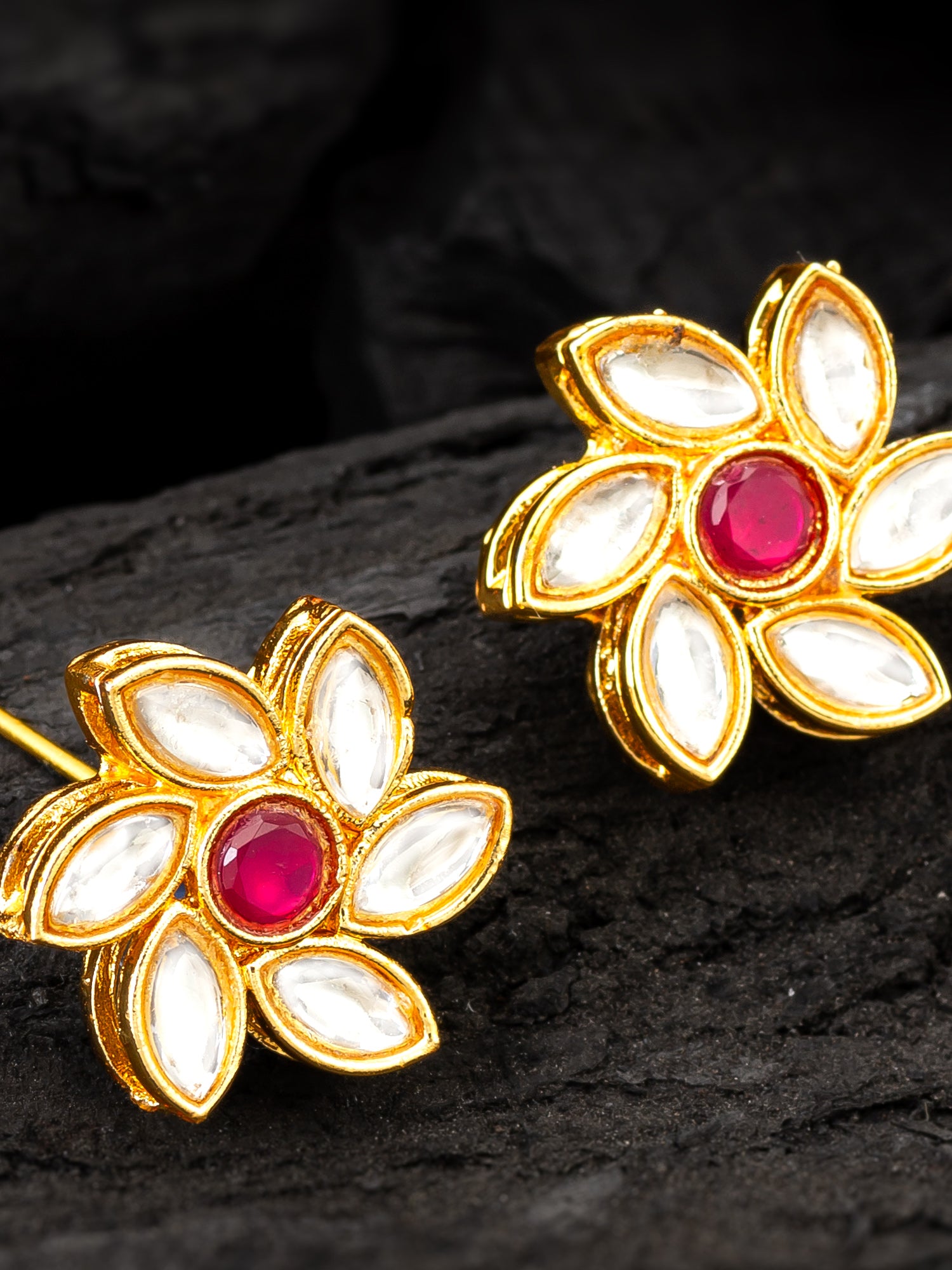 Aadita Vibrant Gold Plated White and Pink Kundan Floral Studs