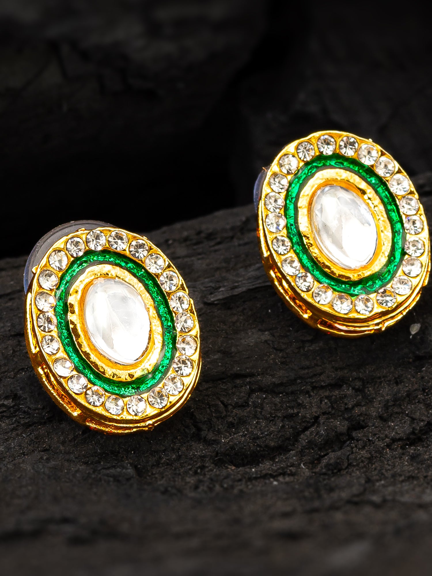 Aadita Traditional Gold Plated Green and White Kundan Stud Earrings