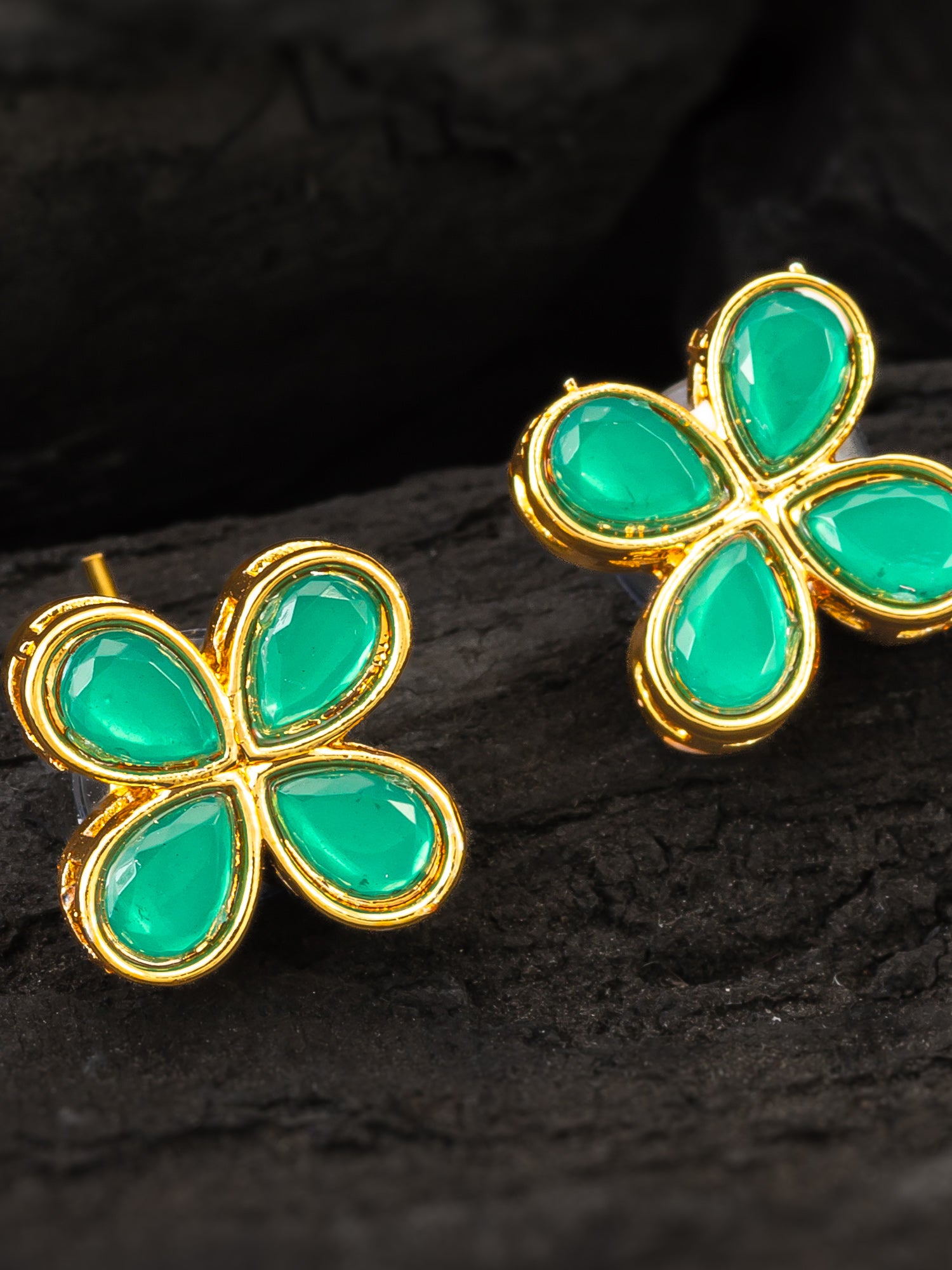 Aadita Floral Green Stone Gold Plated Stud Earrings