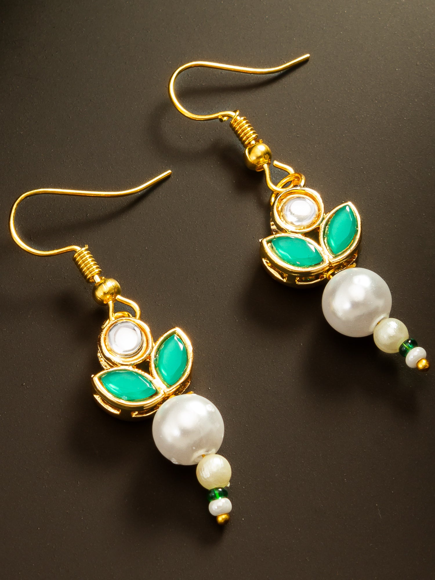 Aadita Green Kundan and Pearl Floral Drop Earrings